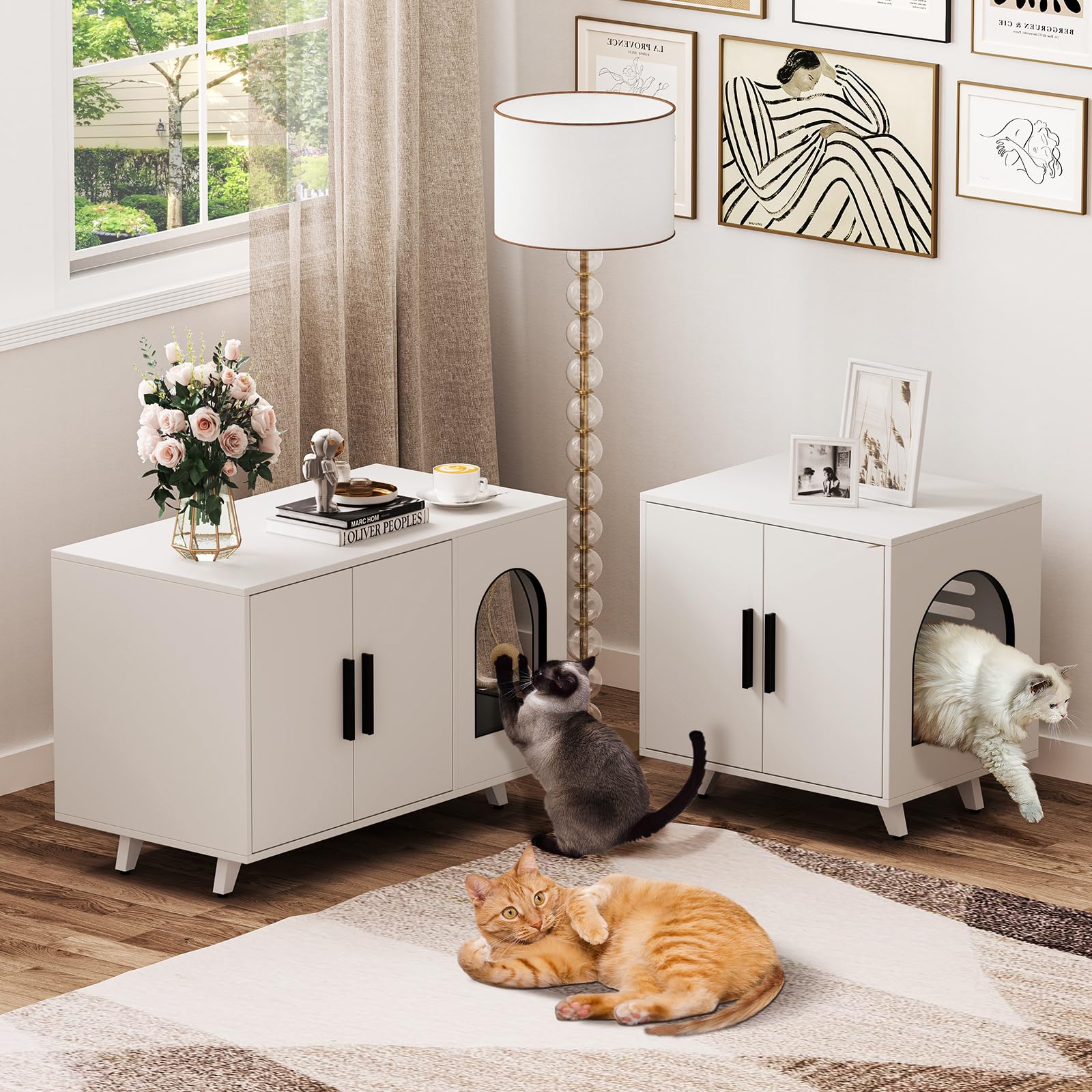 Large Cat Litter Box Enclosure Furniture for 2 Cats - Dual Storage Cabinet with Scratching Mat & Toy Ball - White - Perfect for Indoor Cat Owners & Small Spaces