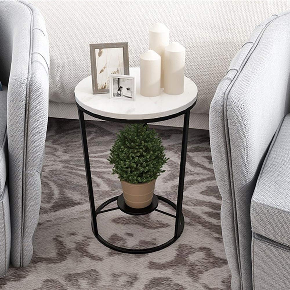 WFF Metal Marble Round Sofa with 2-Tier Storage - Small Coffee Table for Living Room & Balcony - Black (40×55cm) - Perfect for Small Spaces & Modern Home Decor