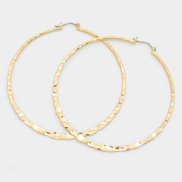 Gold Metal Hoop Pin Catch Textured Earrings for Women | 3.25 Inch Fashion Jewelry | Elegant Dangle Earrings for Party, Wedding & Everyday Wear (Style #312014)