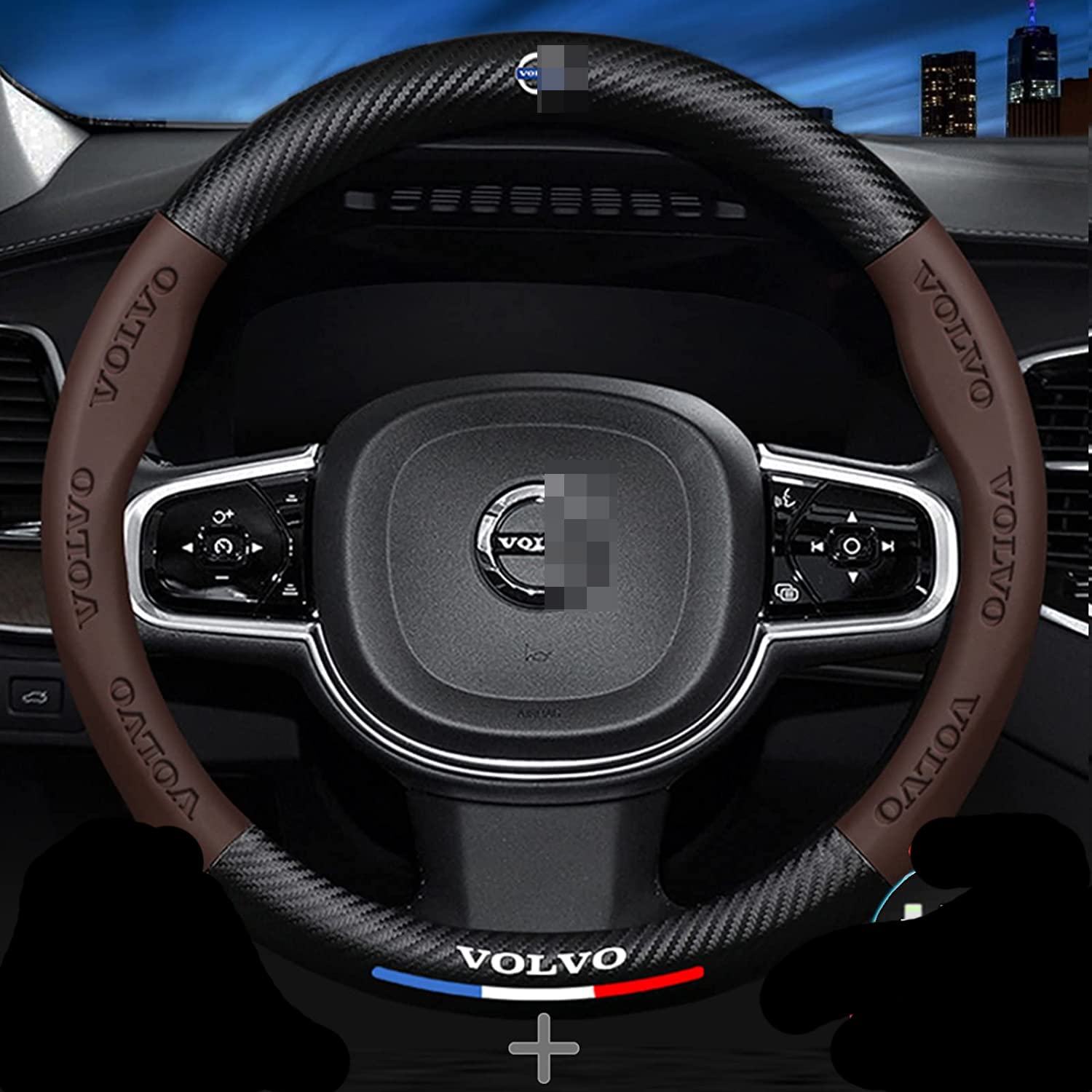 Custom-Fit Leather Carbon Fiber Steering Wheel Cover for Volvo - Anti-Slip 3D Embossed Sport Style with Logo | Premium Car Interior Accessories for Enhanced Grip & Style | Perfect for Daily Commute & Road Trips