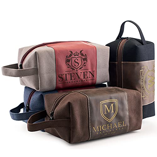 6-Piece Personalized Groomsmen Gift Set - Custom Monogrammed Toiletry Bags for Men, Wedding Party Gifts, Travel Essentials - Brown Leather Cosmetic Case - Perfect for Bachelor Parties, Destination Weddings & Honeymoon Travel