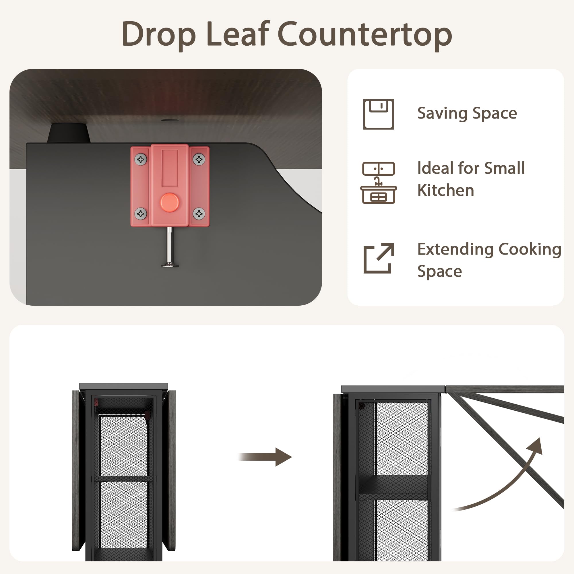 Space Saving Folding Dining Table with 2 Storage Racks - Drop Leaf Extendable Kitchen Table for Small Spaces, Collapsible Office Desk - Perfect for Apartments, Dorms, Tiny Homes & Compact Living Areas