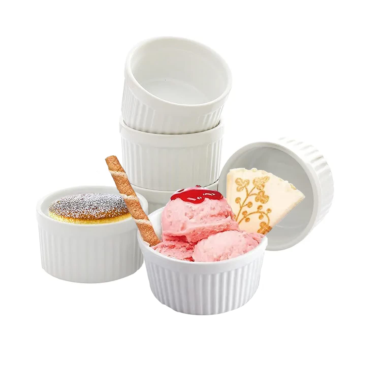 Set of 6 Porcelain Ramekins - 8oz Oven-Safe Baking Dishes for Creme Brulee, Souffle, Custards & Dips - Classic White Ramekin Bowls for Kitchen, Restaurants & Dinner Parties - Microwave & Dishwasher Safe