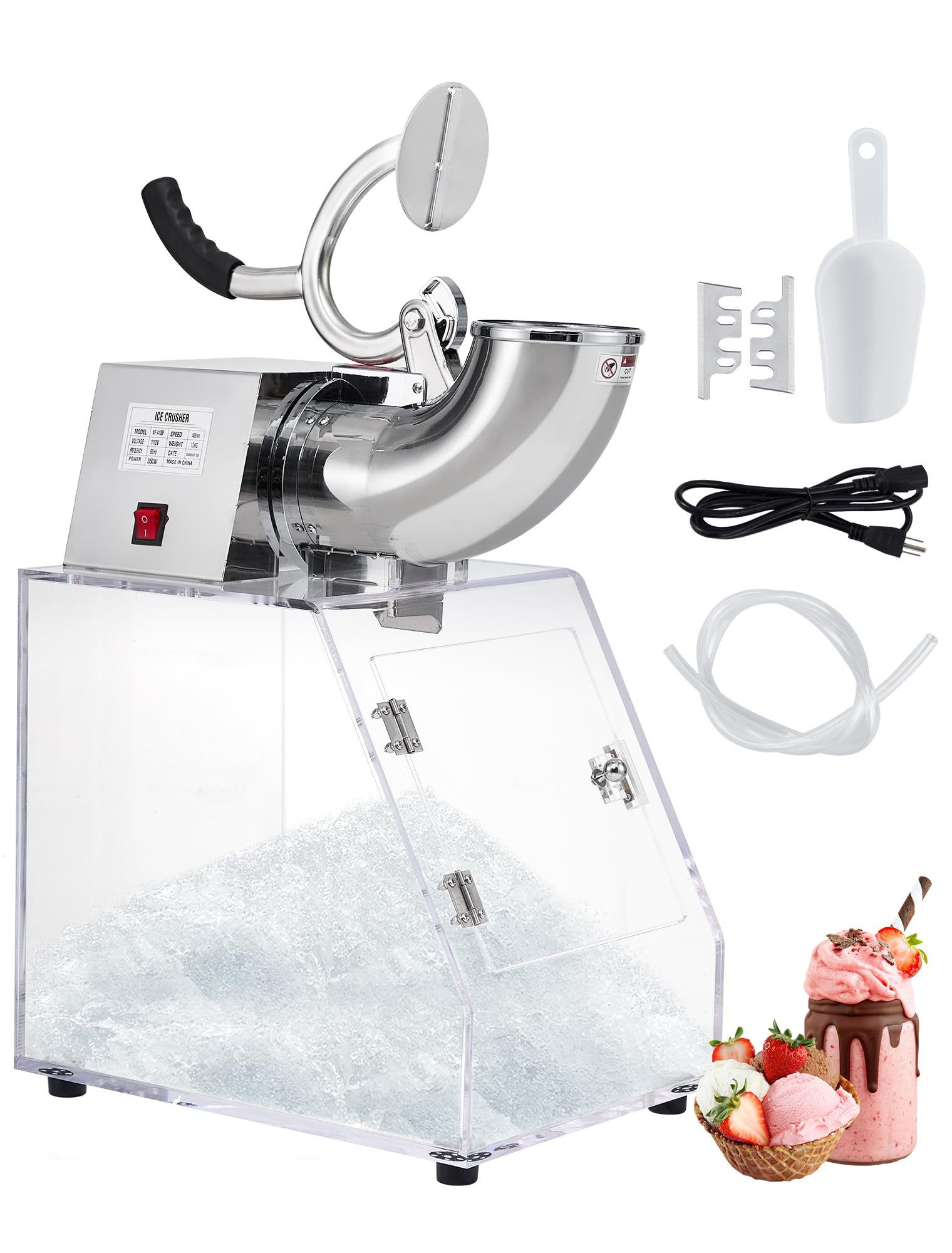 350W Commercial Ice Crusher Machine with Acrylic Case & Stainless Steel Dual Blades - Heavy Duty Safety Switch for Home Bars, Restaurants, and Smoothie Shops - Perfect for Cocktails, Slushies, and Frozen Drinks