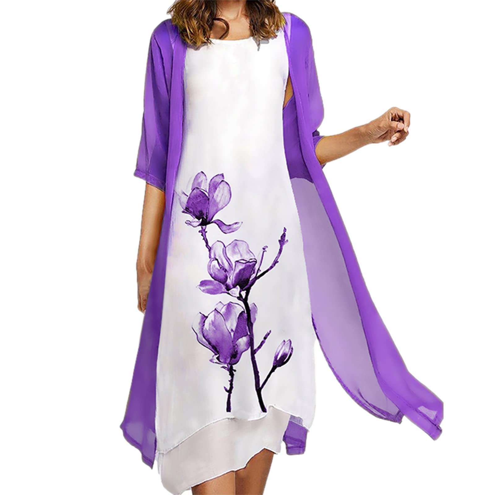 Women's Summer Floral Chiffon Sleeveless Maxi Dress & Cardigan Two-Piece Set - Beach Vacation, Date Night, Casual Outfit