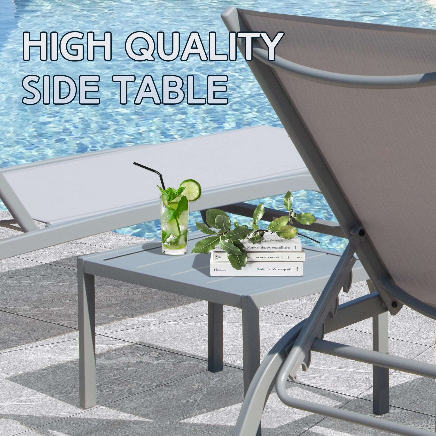 Domi 3-Piece Adjustable Aluminum Pool Lounge Chairs Set with Wheels & Side Table - All-Weather Textilene Outdoor Chaise Lounges for Deck, Lawn, Poolside & Backyard Relaxation | Perfect for Sunbathing, Lounging by the Pool, and Outdoor Entertaining