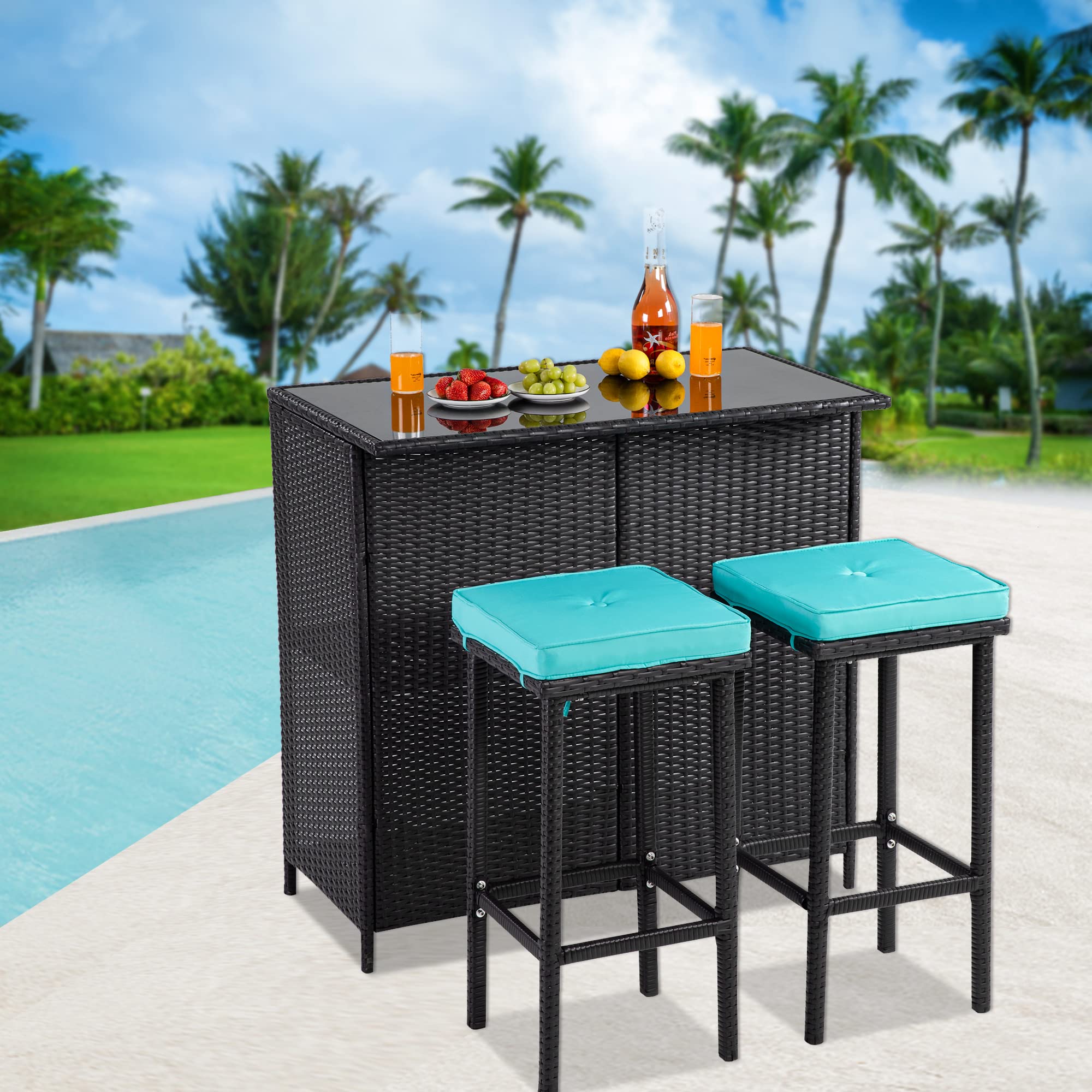 KORUITEN 3-Piece Outdoor Patio Bar Set - All-Weather Wicker Tiki Bar Table with 2 Chairs, Rattan Bar Furniture for Poolside, Balcony, Backyard (Blue) - Perfect for Outdoor Entertaining, Lounging & Summer BBQs