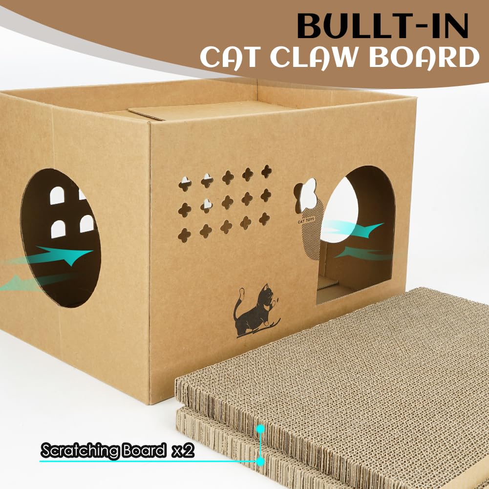 Durable Cat Cardboard House with 2 Scratching Pads - Large Cat Scratcher Bed & Lounge for Indoor Cats - Corrugated Detachable Cat Scratcher Box (Cactus Design) - Perfect for Playtime, Napping & Claw Maintenance