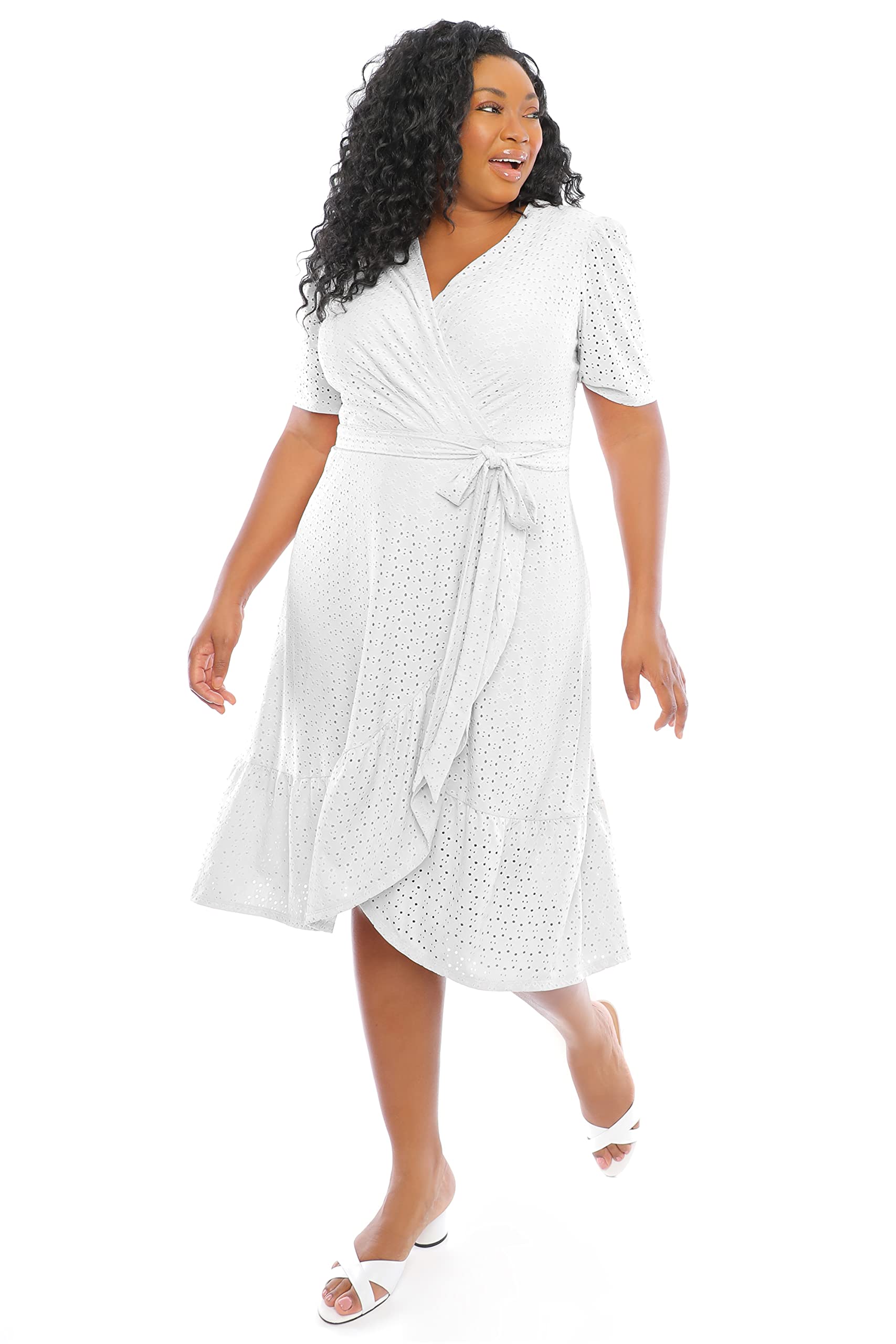 London Times Women's Short Sleeve Ruffle Wrap Dress - Flowy Summer Dress for Casual Outings, Beach Cover Up & Date Night Outfits