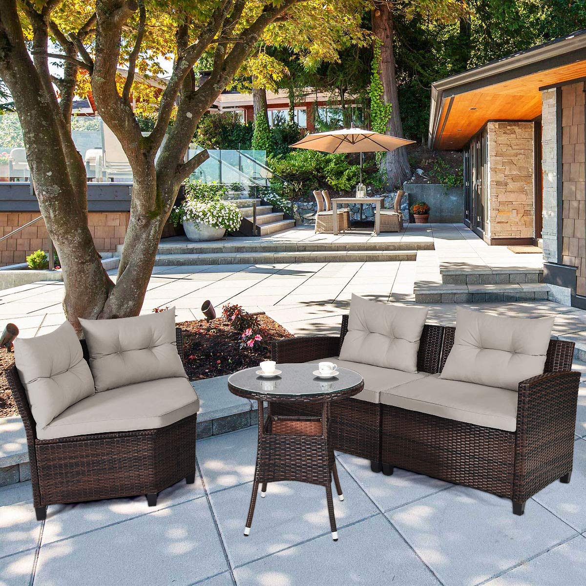 Tangkula 4-Piece Outdoor Patio Furniture Set - Modern C-Shaped Wicker Sectional Sofa with Cushions & Glass Coffee Table, Water-Resistant Rattan Deck Set for Garden, Poolside, Balcony, Backyard (Beige) | Perfect for Lounging, Entertaining & Relaxing Outdoors