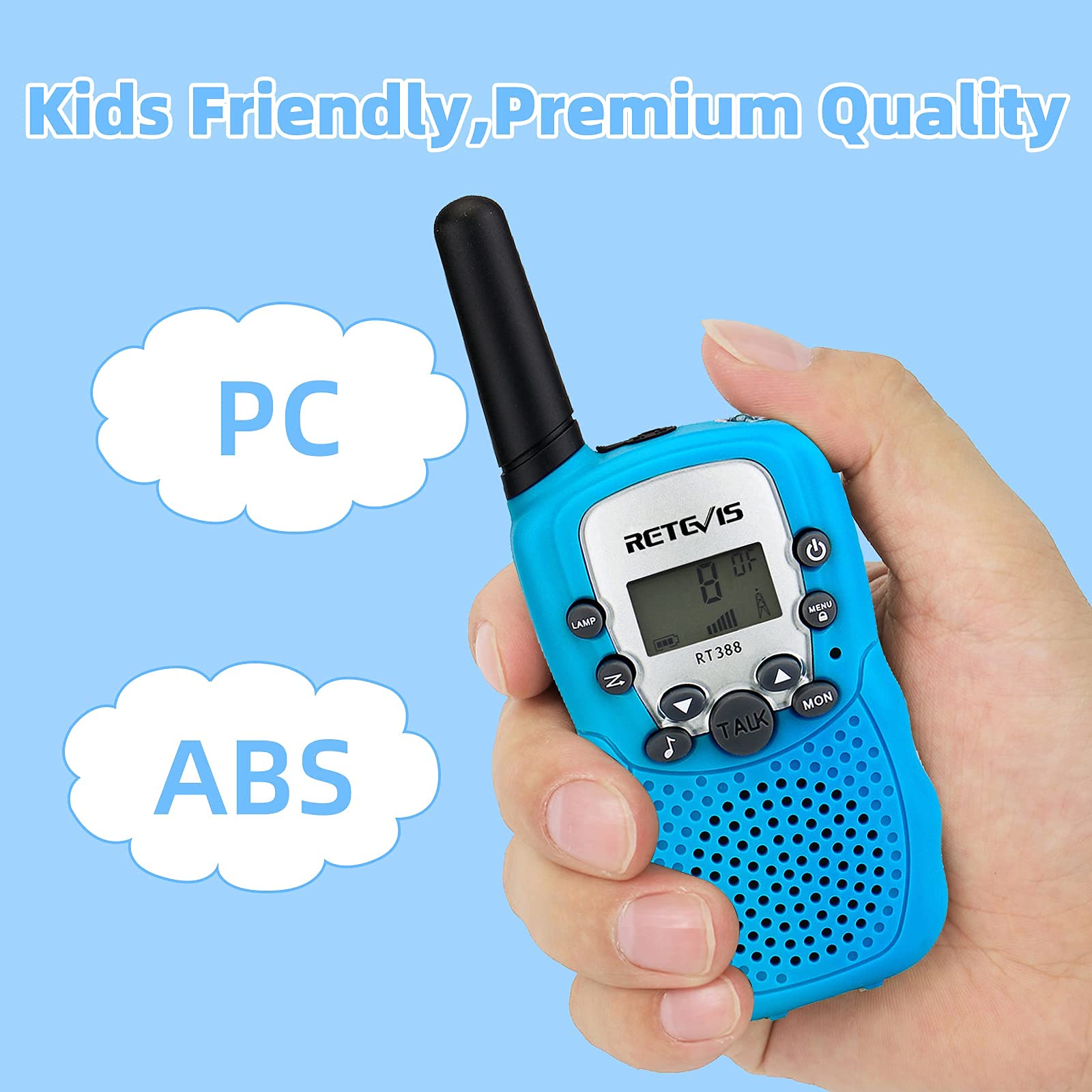 Retevis RT388 Kids Walkie Talkies - Long Range FRS Radios for Boys & Girls Ages 6-12 | Toy Gift for Birthday, Christmas & Outdoor Adventures (Blue 1 Pair) - Perfect for Camping, Hiking & Backyard Play