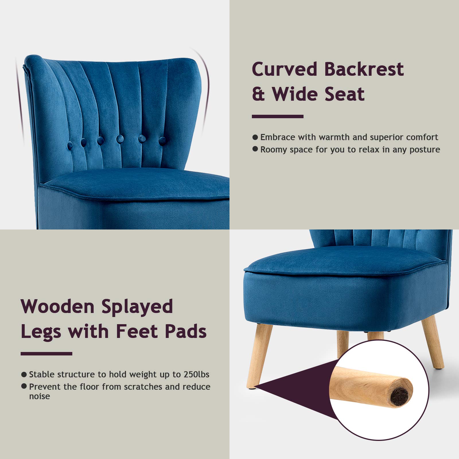 Velvet Wingback Accent Chair - Armless Club Chair with Solid Rubber Wood Legs & Thick Padded Seat, Upholstered Leisure Sofa for Living Room, Bedroom, Guest Room, Coffee Shop - Perfect for Reading Nook, Home Office, Lounge Area (Blue)