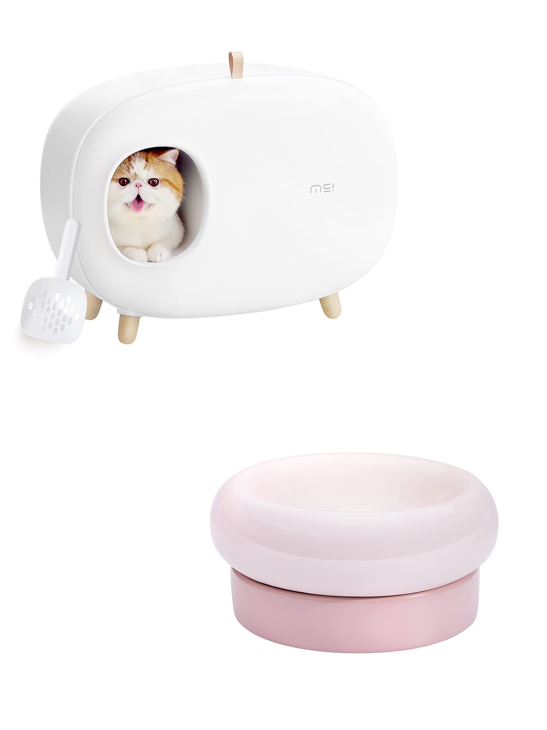 MS!MAKE SURE Cat Litter Box & Food Bowls Set - Odor Control Kitty Litter Tray with Stainless Steel Pet Dishes for Indoor Cats - Perfect for Small Spaces & Multi-Cat Homes