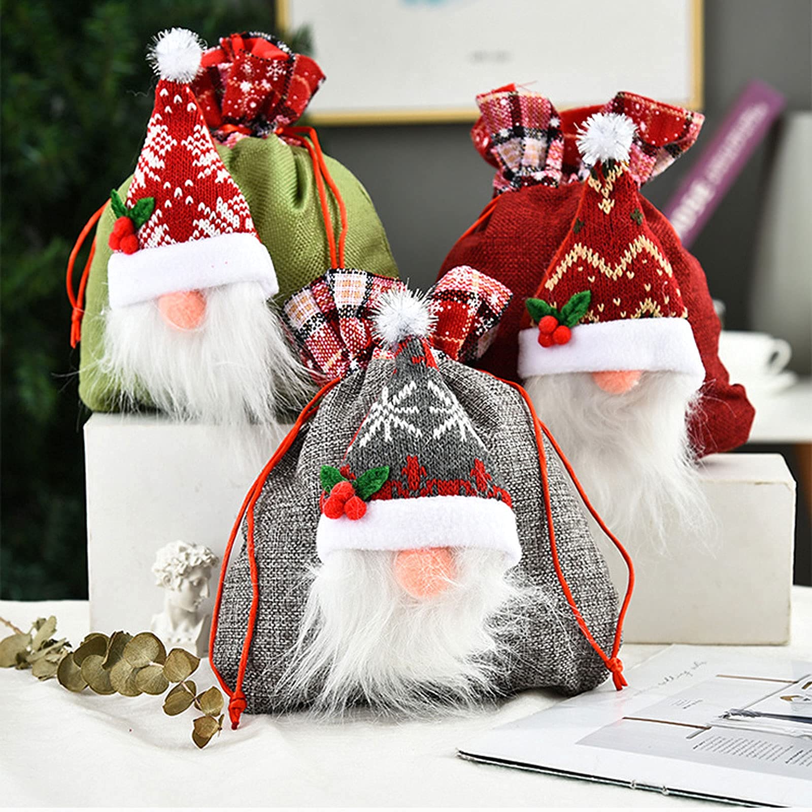 6 Pack Christmas Candy Bags - Burlap Drawstring Gift Bags with 3D Faceless Doll Design for Holiday Treats & Party Favors (Green, Red, Gray) - Perfect for Christmas Parties, Stocking Stuffers & Gift Exchanges