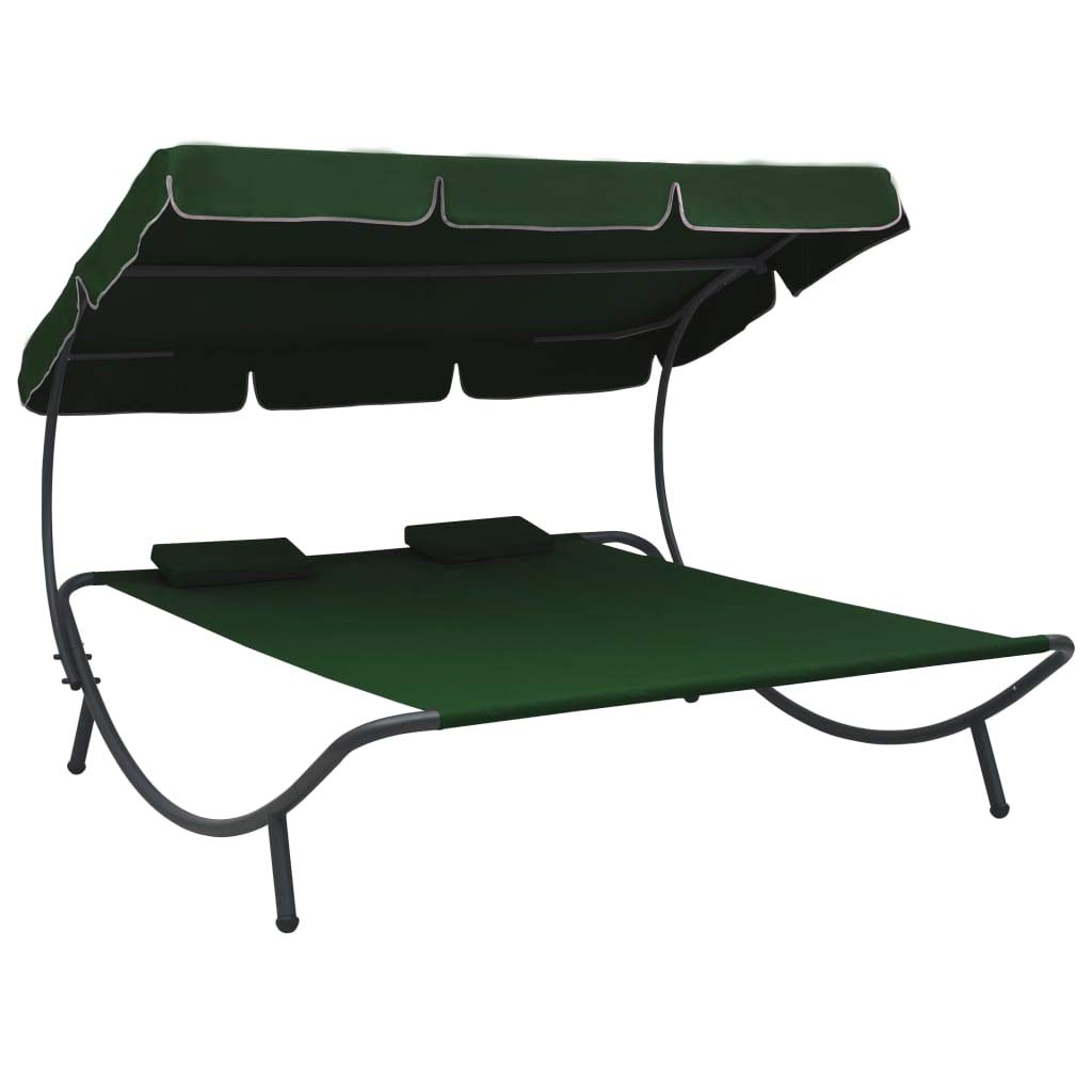 Patio Lounge Bed with Canopy & Pillows - Double Chaise Lounge Bed with Anti-UV Waterproof Fabric - Portable Outdoor Hammock Bed for Backyard, Lawn, Garden, Courtyard - Perfect for Sunbathing, Relaxing & Outdoor Lounging (Green)