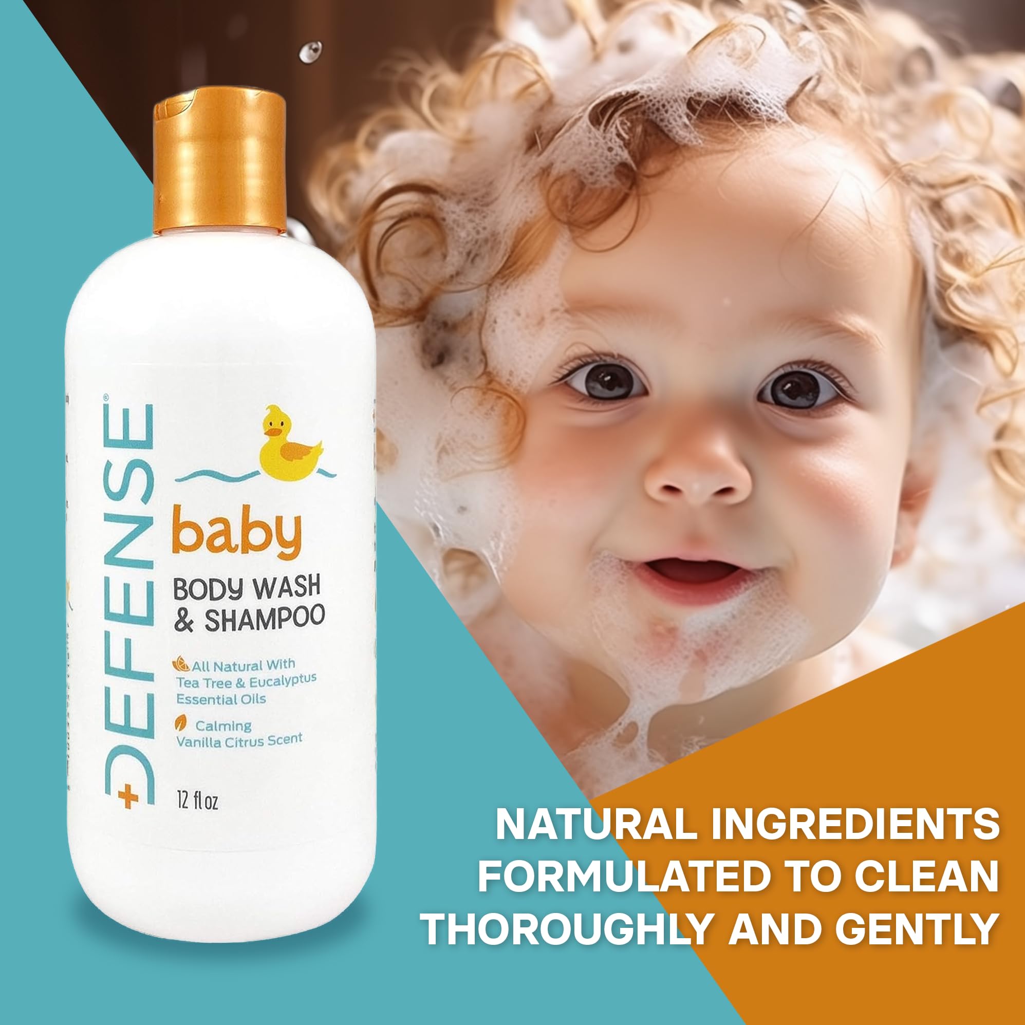 Defense Soap Baby Shampoo & Body Wash with Tea Tree Oil, Coconut Oil, Eucalyptus, Olive Oil & Aloe - 12 Fl Oz (Pack of 2) - Gentle Cleansing for Sensitive Skin, Newborn Bath Time & Daily Baby Care