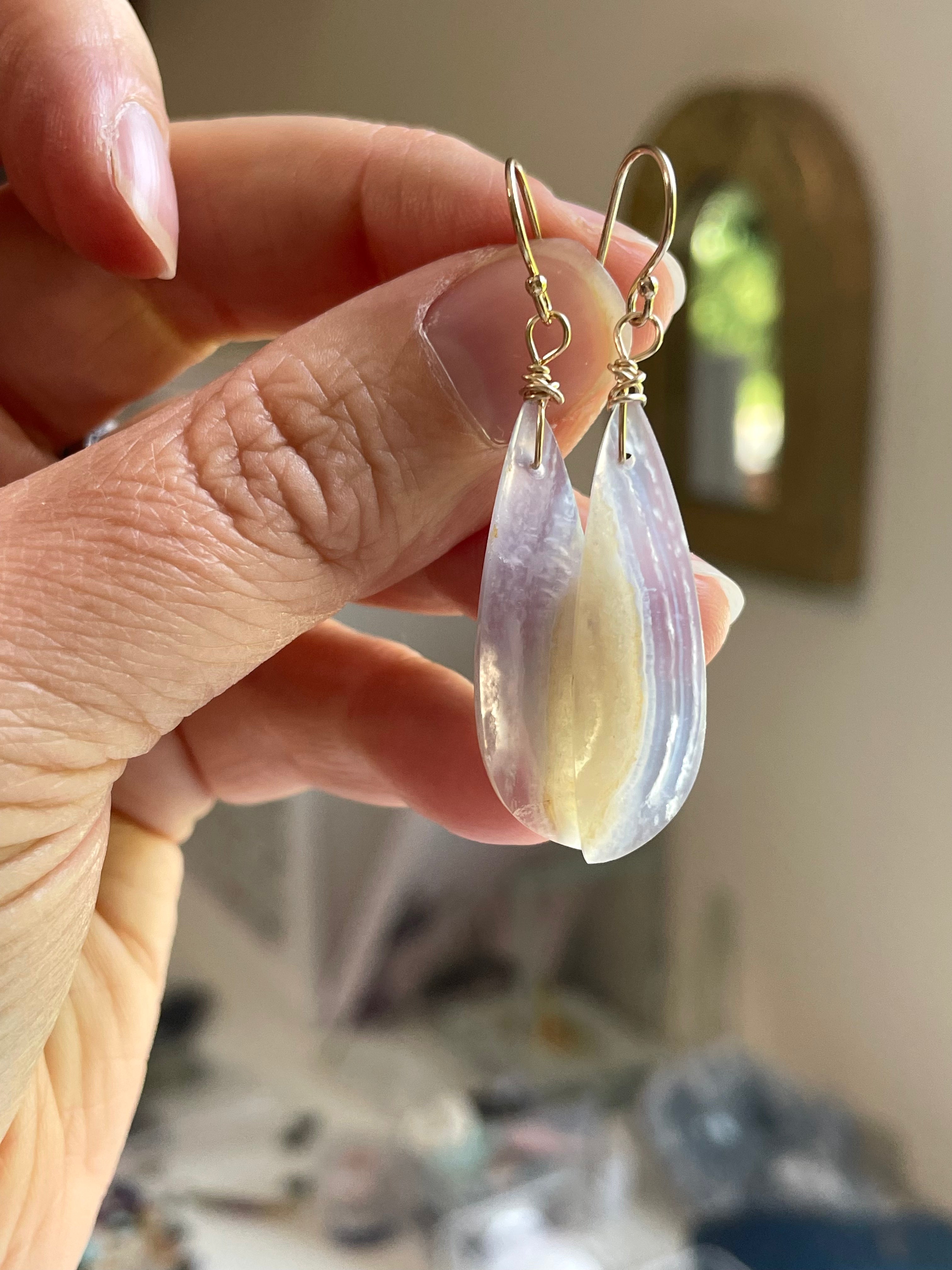 Blue Lace Agate Earrings - 14K Gold Filled Dangle Earrings for Women | Healing Crystal Jewelry Gift for Birthday, Wedding & Everyday Wear