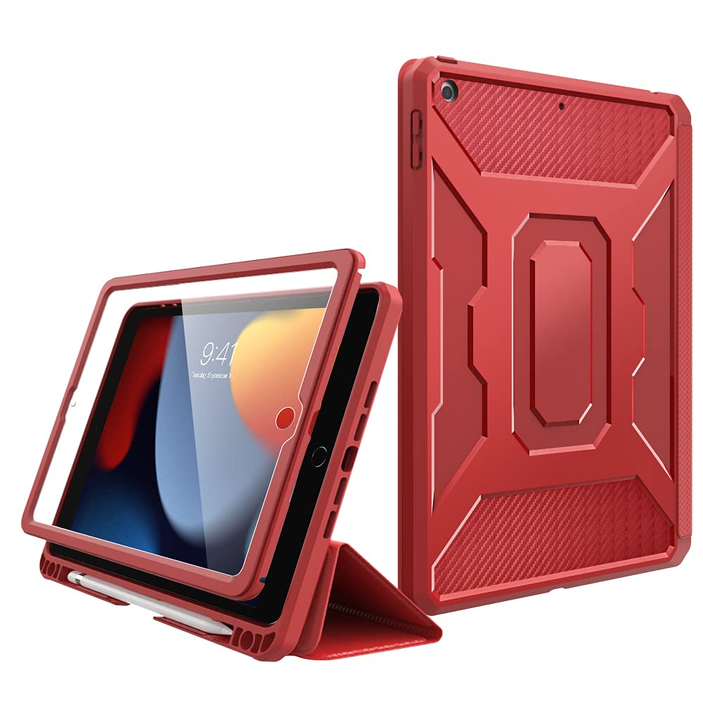 MoKo Shockproof Case for iPad 10.2 Inch (9th/8th/7th Generation 2021/2020/2019) - Built-in Screen Protector & Apple Pencil Holder, Auto Sleep/Wake Protective Cover - Perfect for Work, School & Travel (Red)