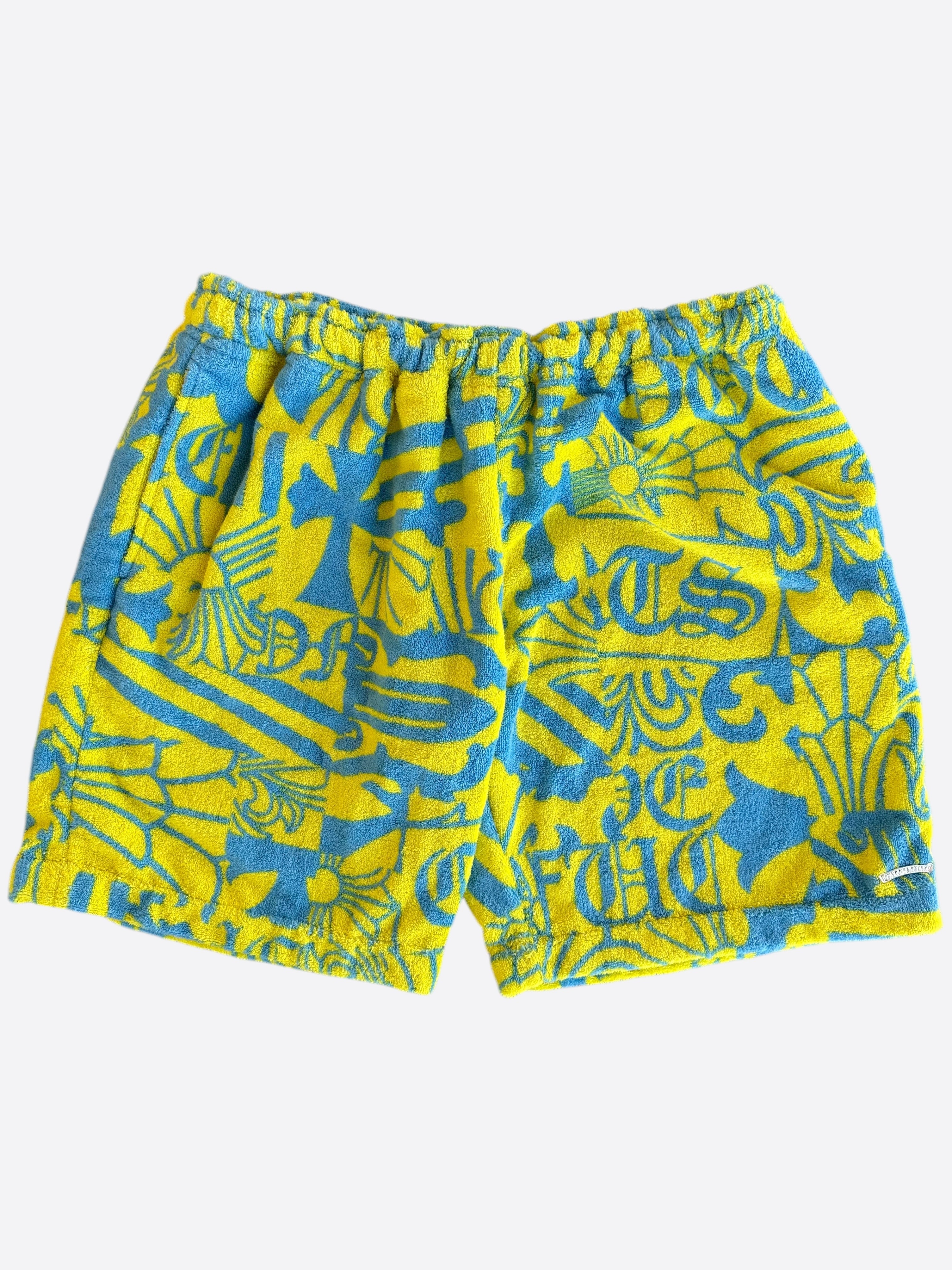 Chrome Hearts Yellow & Blue Printed Beach Towel Shorts - Stylish Swimwear for Summer Vacations & Pool Parties