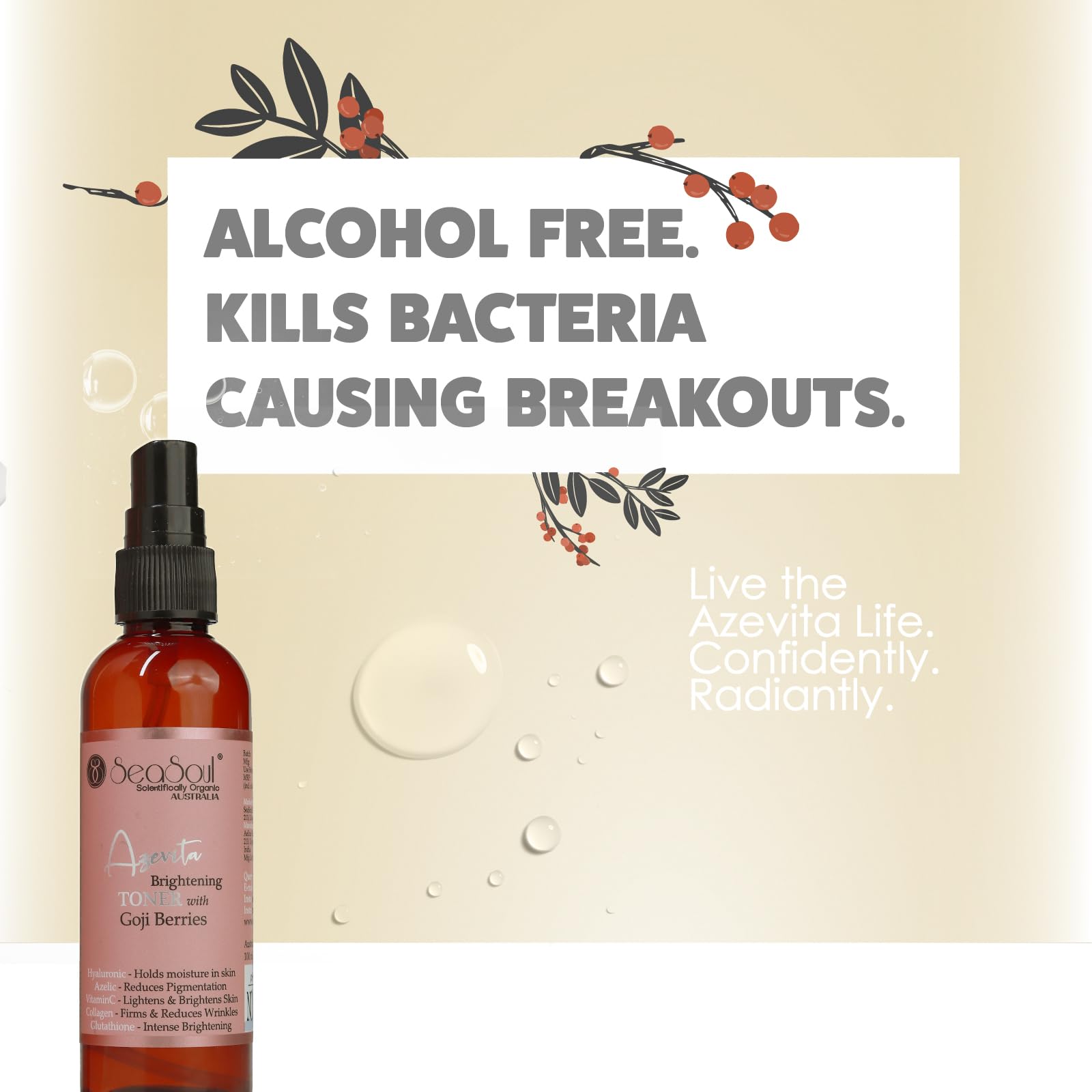 SEASOUL Brightening Face Toner Mist with Hyaluronic Acid, Vitamin C & Glutathione - Hydrating Facial Spray for Skin Brightening, Makeup Prep & Refresh - Infused with Goji Berries, Azelaic Acid & Collagen (100ml) | Perfect for Morning Skincare Routine & Post-Workout Revitalization