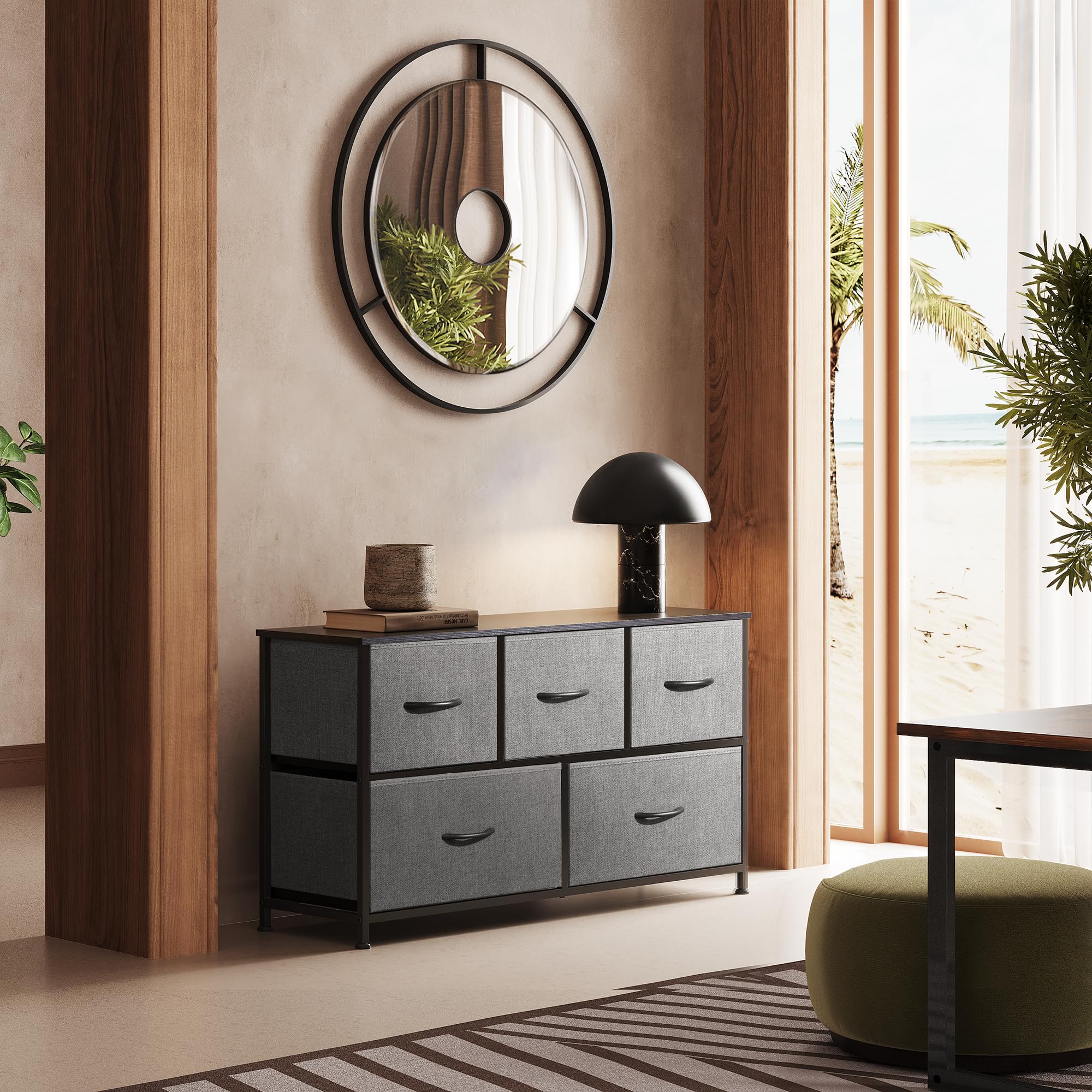 5-Drawer Fabric Dresser for Bedroom - Wide Storage Organizer with Fabric Bins, Dark Grey Chest of Drawers for Closet, Living Room & Hallway - Perfect for Small Space Organization & Home Decor