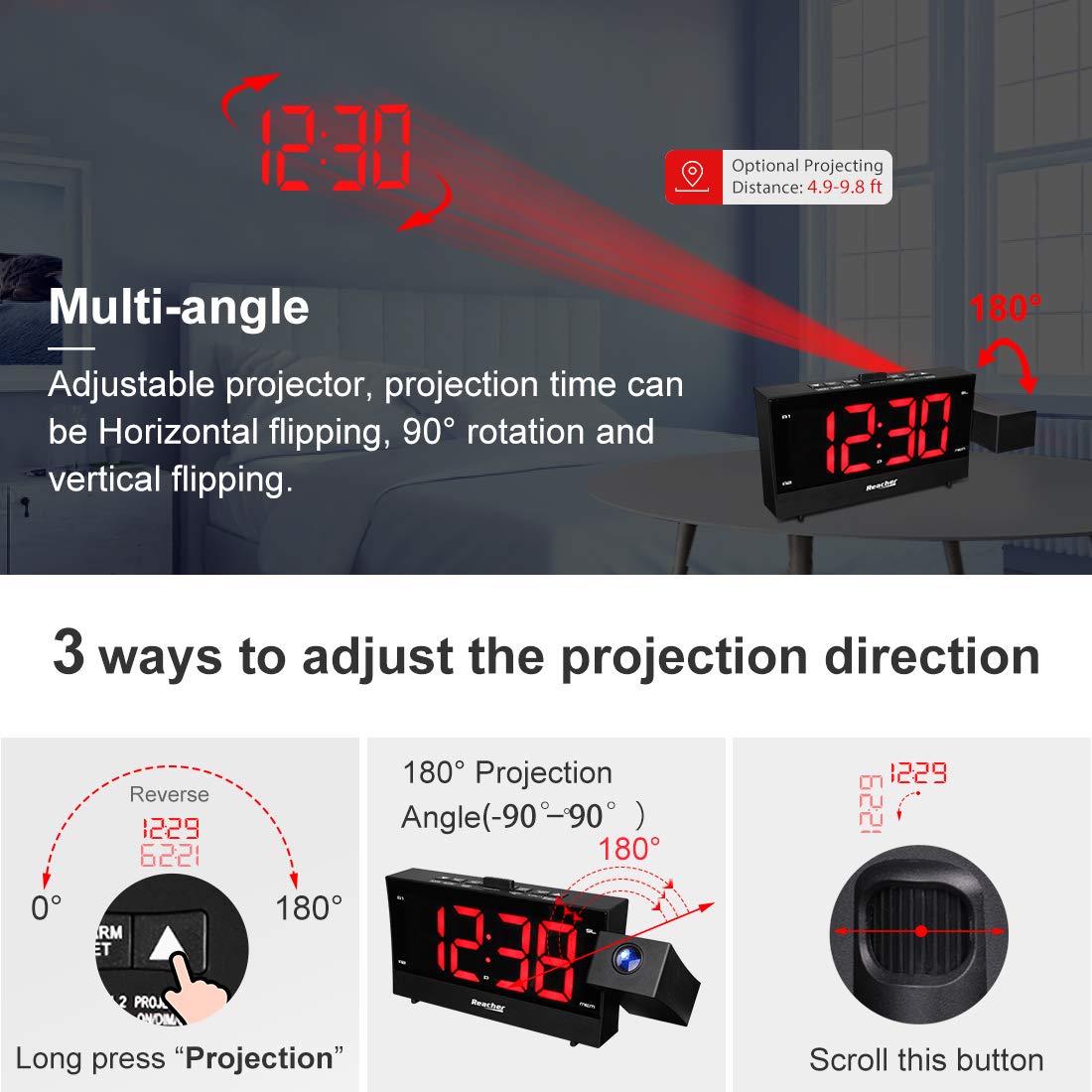 REACHER Projection Alarm Clock Radio with Dual Alarm, USB Charger, Sleep Timer, 0-100% Dimmer & Snooze - Perfect for Bedroom, Home Office & Travel