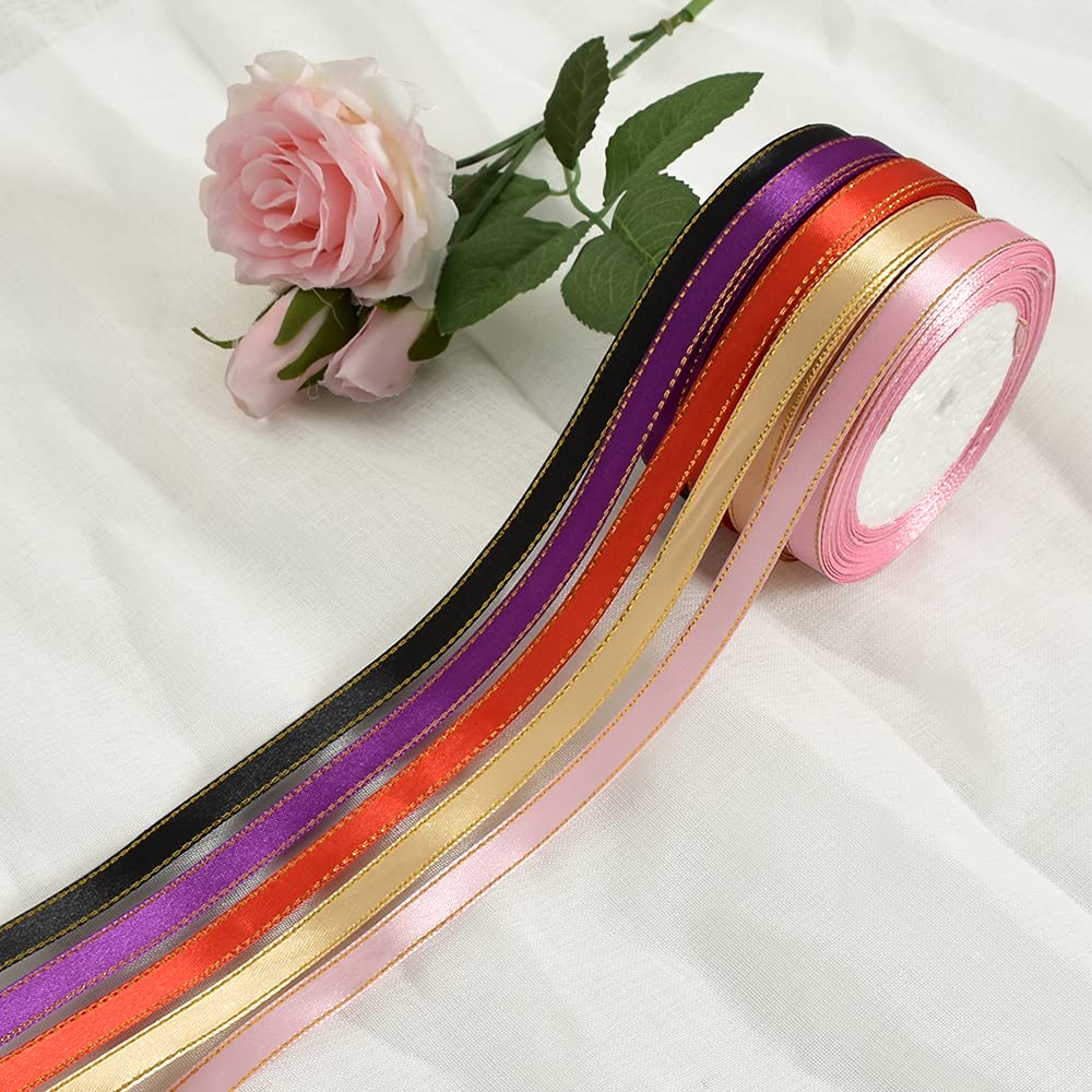 TONIFUL 3/8 Inch x 25 Yards Thin Pink and Gold Satin Ribbon with Gold Edges - Premium Fabric Ribbon for Gift Wrapping, Wedding Decorations, Birthday Cakes, Floral Crafts, Bow Making, Valentine's Day Bouquets, DIY Projects and Party Supplies
