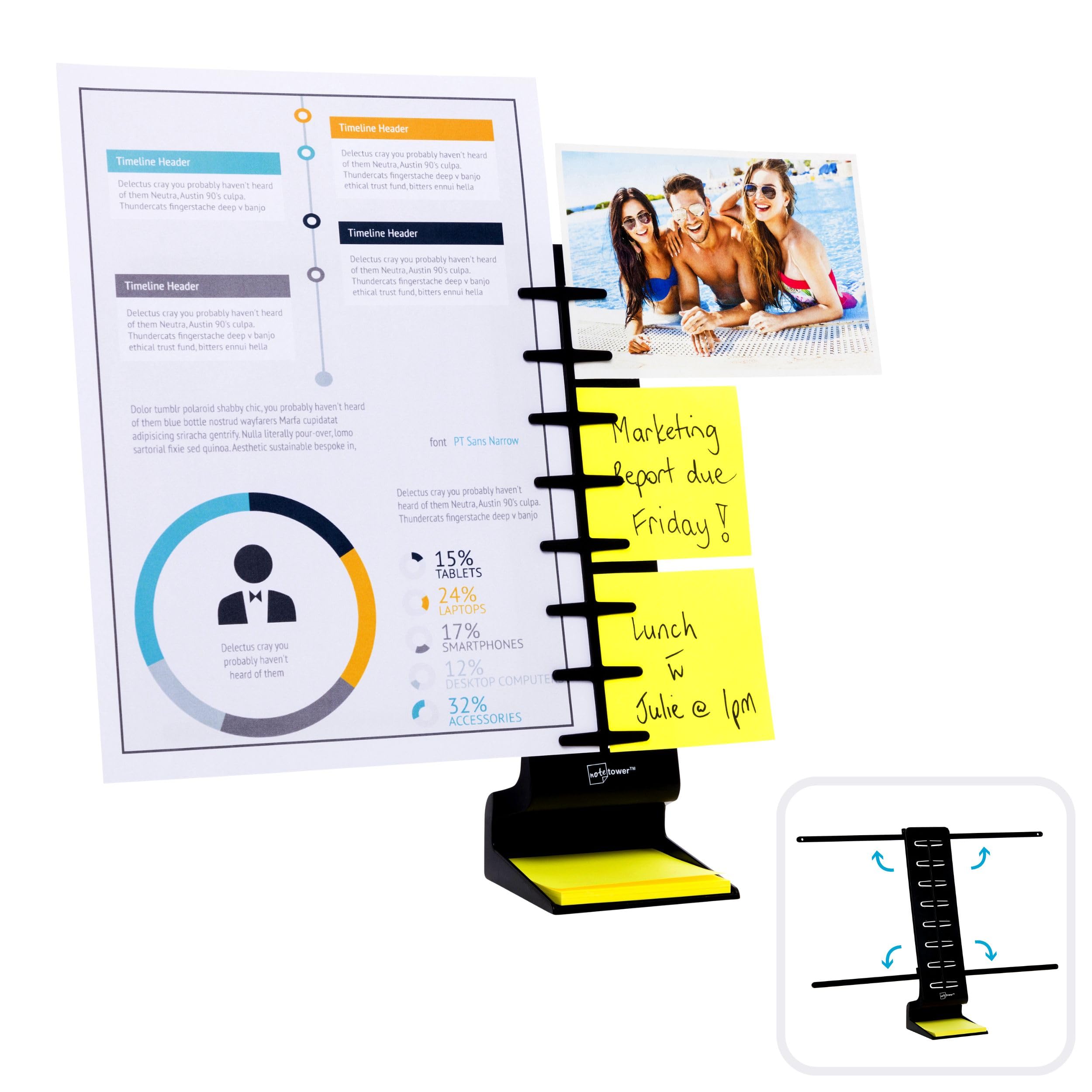 Note Tower Desktop Pro Dual Document Holder for Typing | Compact 2-Page Paper Stand for Desk | Black Document Organizer Holds Copy Paper, Photos & Sticky Notes | Includes 3x3 Post-it Notes - Perfect for Office Work, Study & Home Organization