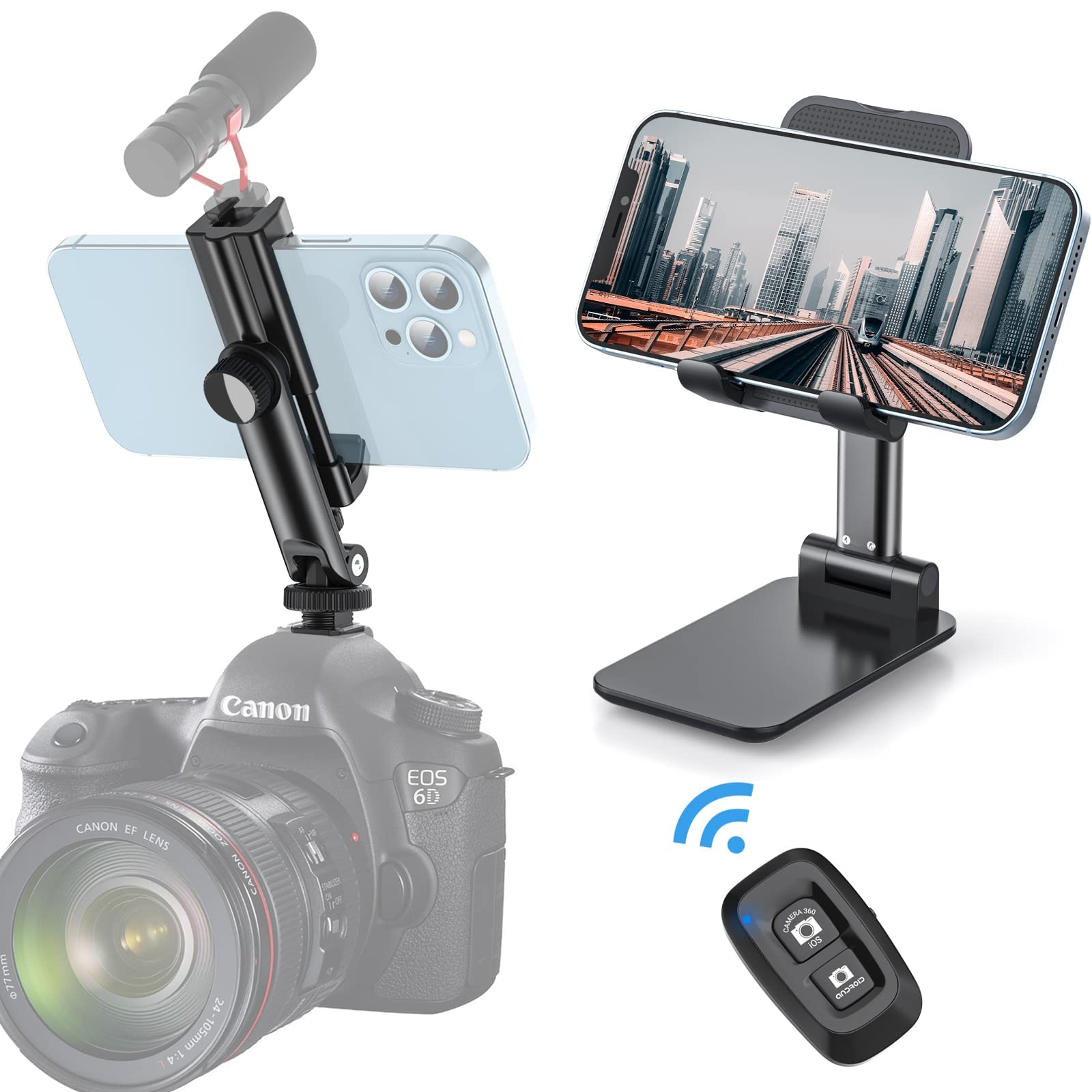 Yoozon Foldable Phone Stand with Tripod Mount & Remote - Adjustable Phone Holder for iPhone, Samsung, Galaxy - Perfect for Video Calls, Live Streaming & Hands-Free Viewing