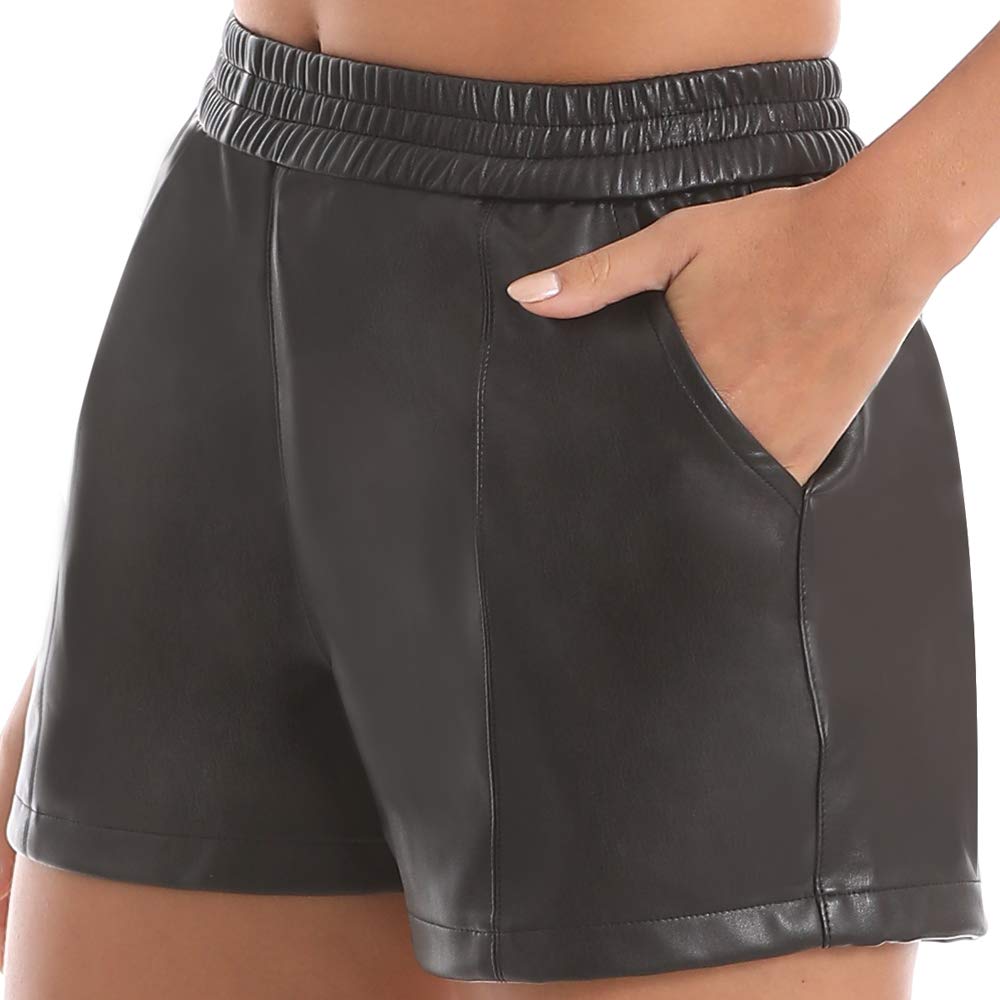 Everbellus Women's High Waisted Faux Leather Shorts with Pockets - Stretchy Elastic Waistband Comfortable Loose Fit for Casual Wear, Night Out, and Summer Fashion
