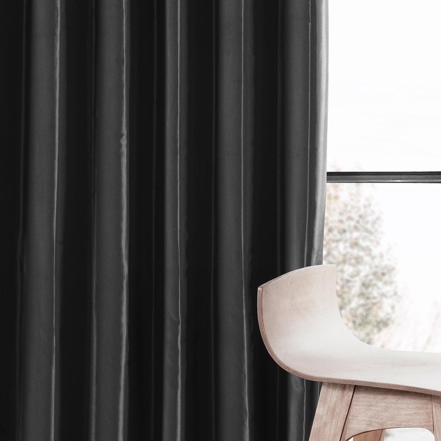 Jet Black Faux Silk Taffeta Blackout Curtains - Thermal Insulated Room Darkening Drapes for Bedroom, Living Room & Home Theater (Set of 2 Panels)