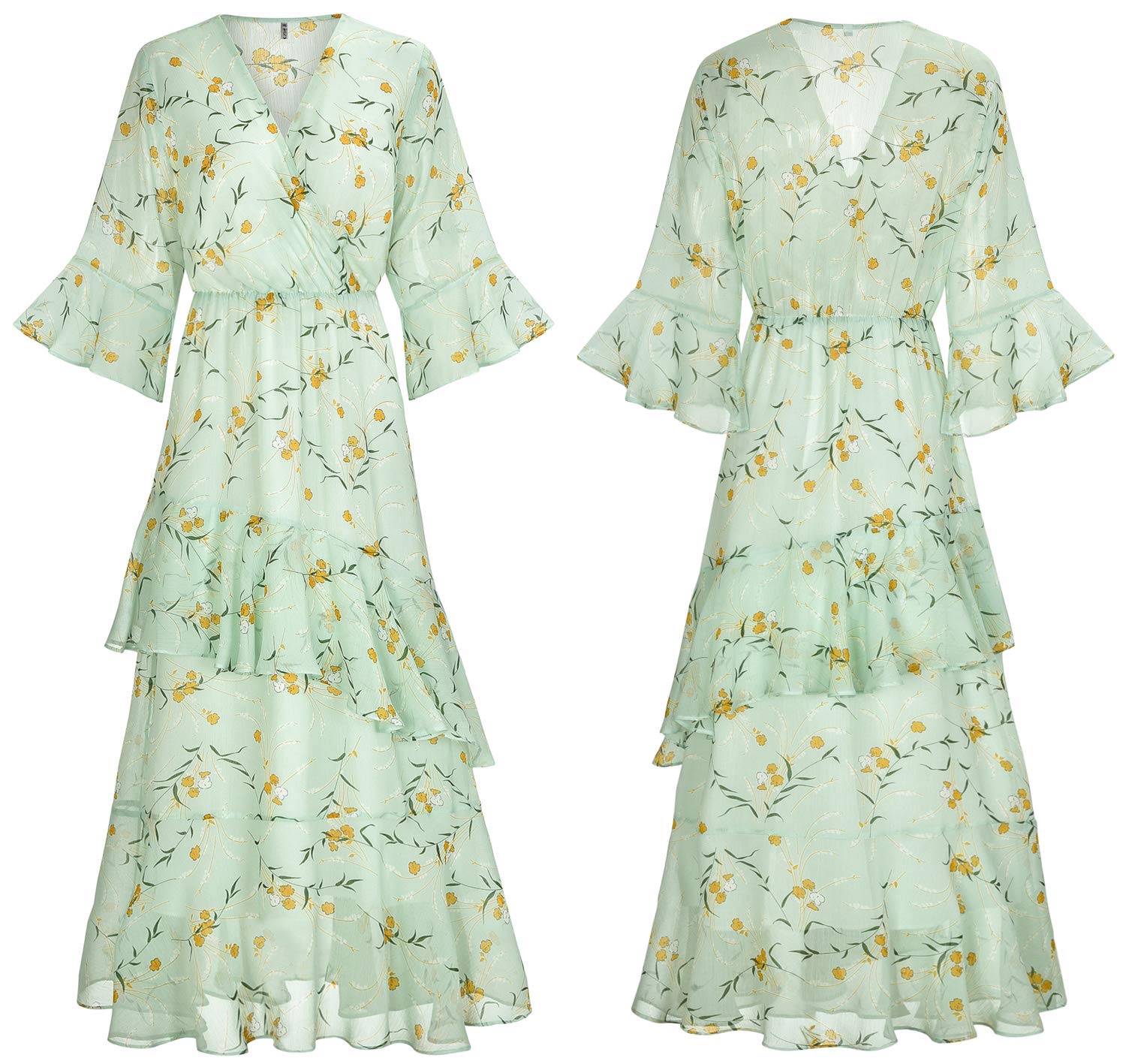 Women's Yellow Floral Maxi Dress - V Neck High Waist Chiffon Long Dress for Beach, Summer Parties & Casual Wear | Flowy Boho Style Dress for Vacations, Date Nights & Outdoor Events