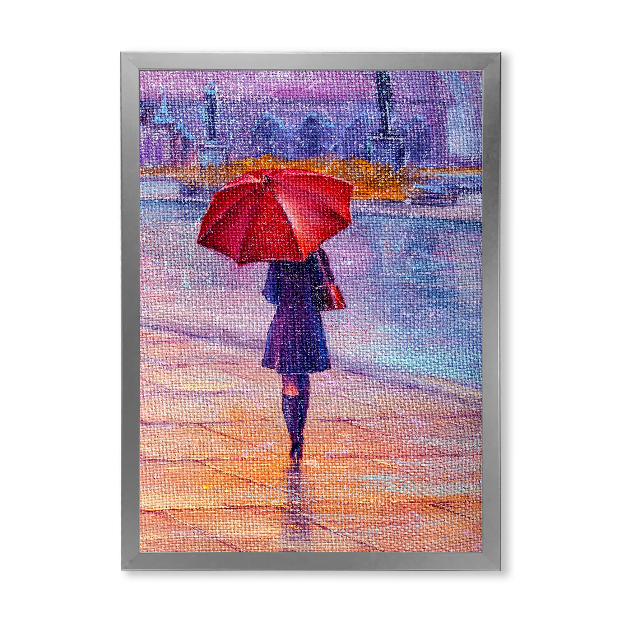 DesignQ French Country Framed Wall Art - Woman Walking with Red Umbrella in Rain - Vintage Home Decor for Living Room, Bedroom & Office