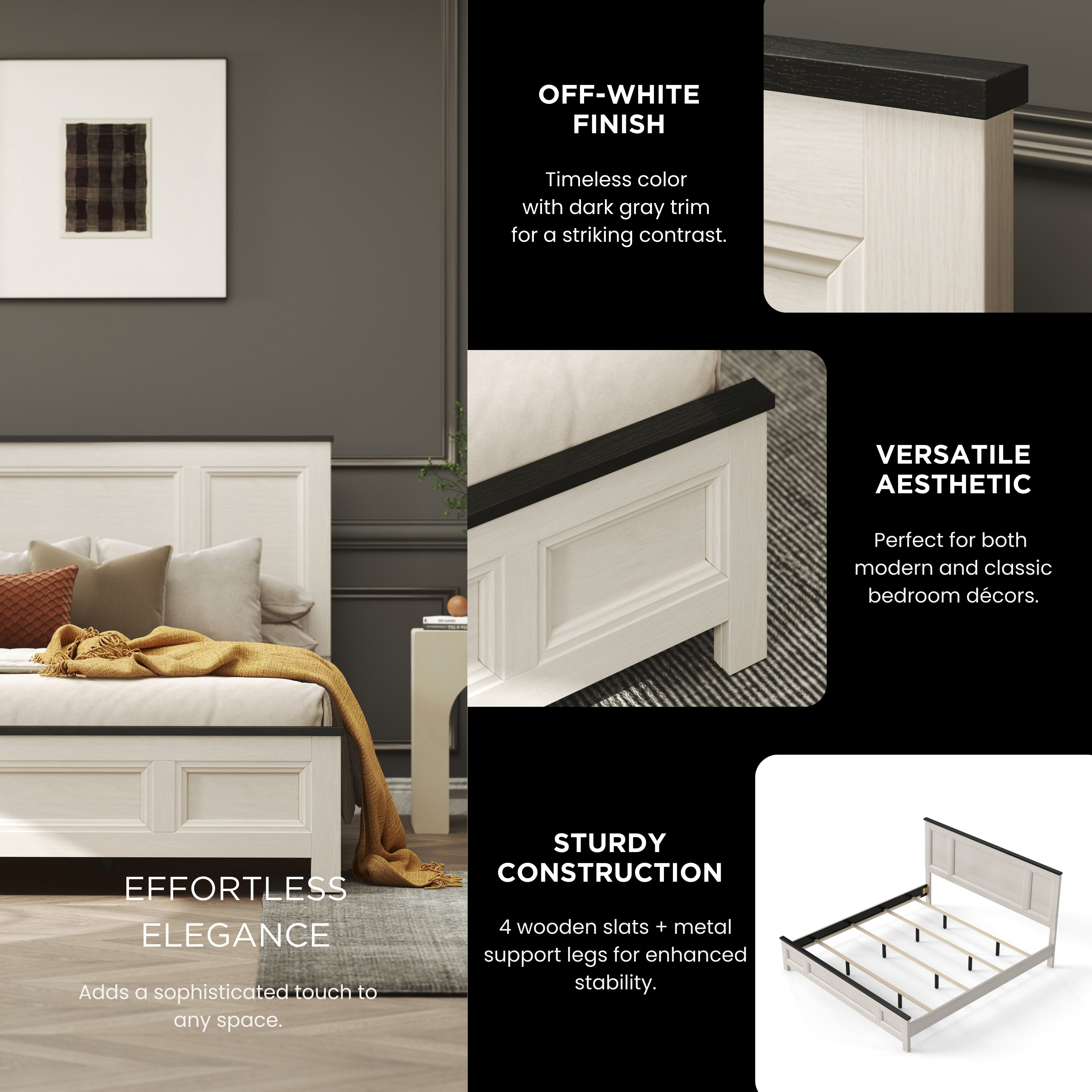 Roundhill Furniture Realynn Panel Bed - Queen Size Off White Finish for Modern Bedroom Decor | Stylish and Durable Bed Frame for Home & Guest Room