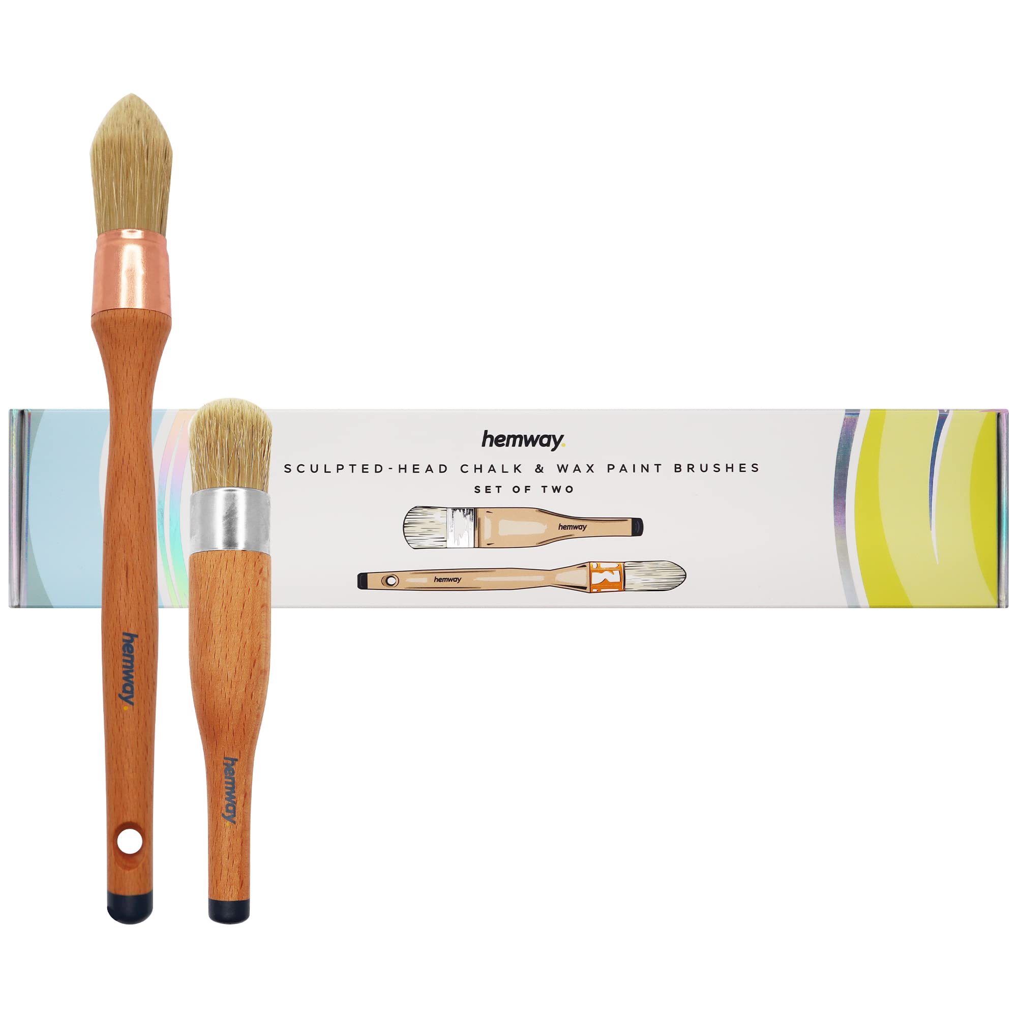 Hemway Premium Handmade Sculpted-Head Chalk, Lacquer & Wax Paint Brush Set (Pack of 2) - Sash & Round Brushes for Furniture, Walls & Ceilings - Perfect for DIY Projects, Shabby Chic Finishes, Home Renovation & Crafting