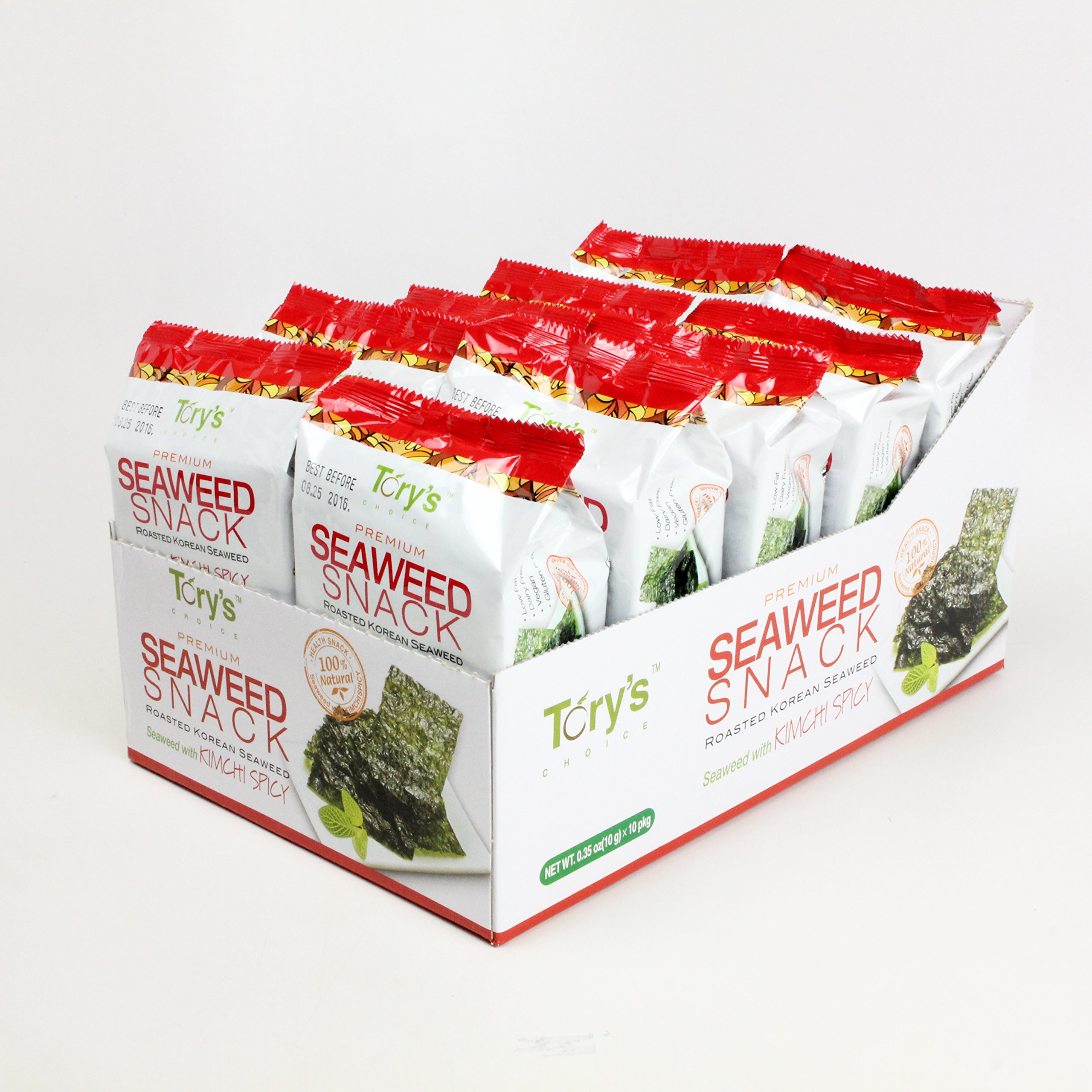 Organic Roasted Seaweed Snacks - Kimchi Spicy Flavor, 0.35oz (10 Pack) | Vegan, Gluten-Free Korean Seaweed Sheets | Perfect for Kimbap, Snacking & Lunch Boxes