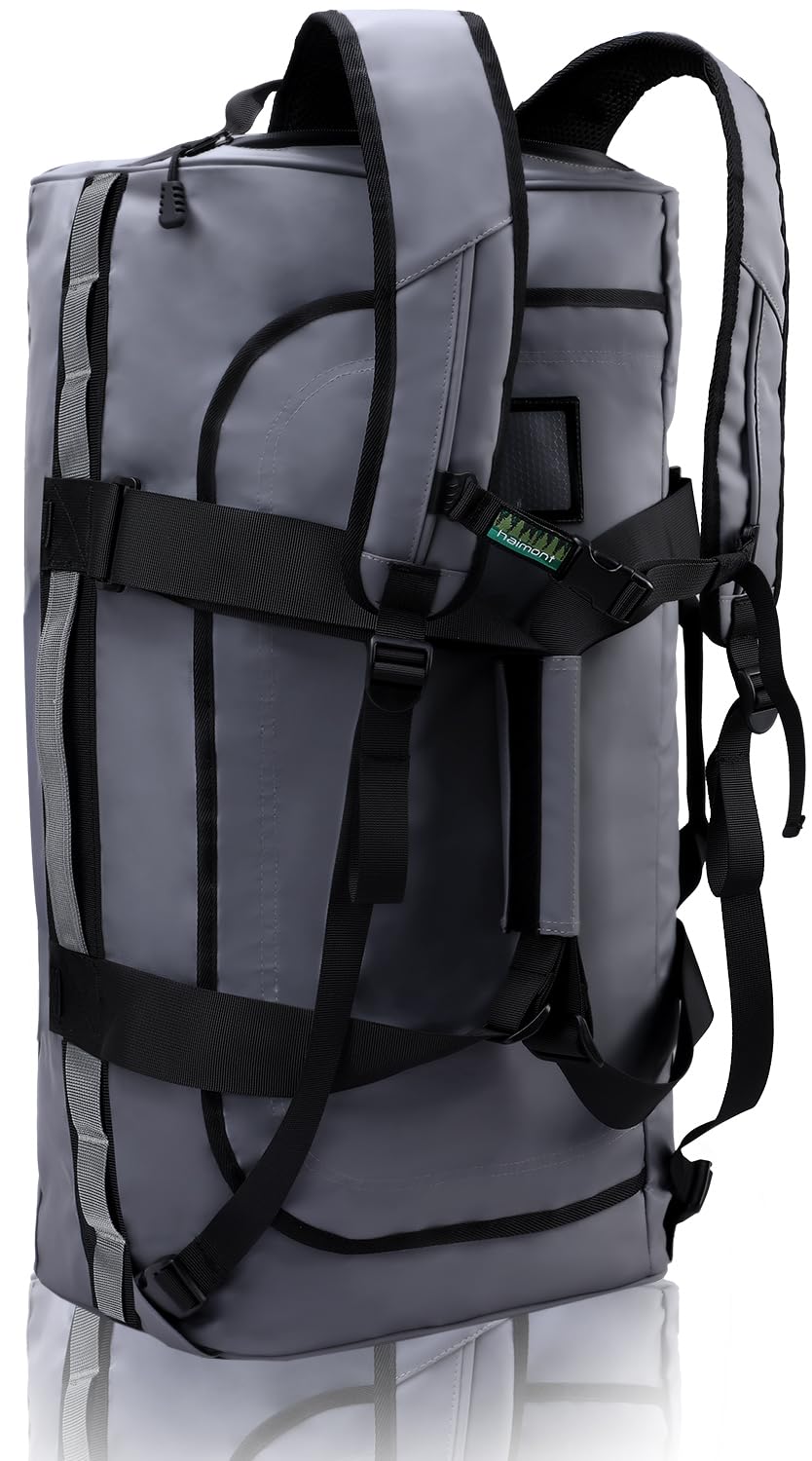 Haimont Large 60L Water Resistant Gym Duffel Backpack for Men - Sports Duffle Bag with Backpack Straps for Hiking, Travel, Workout & Weekender Trips - Durable Gray Fitness Bag for Gym, Sports & Outdoor Activities