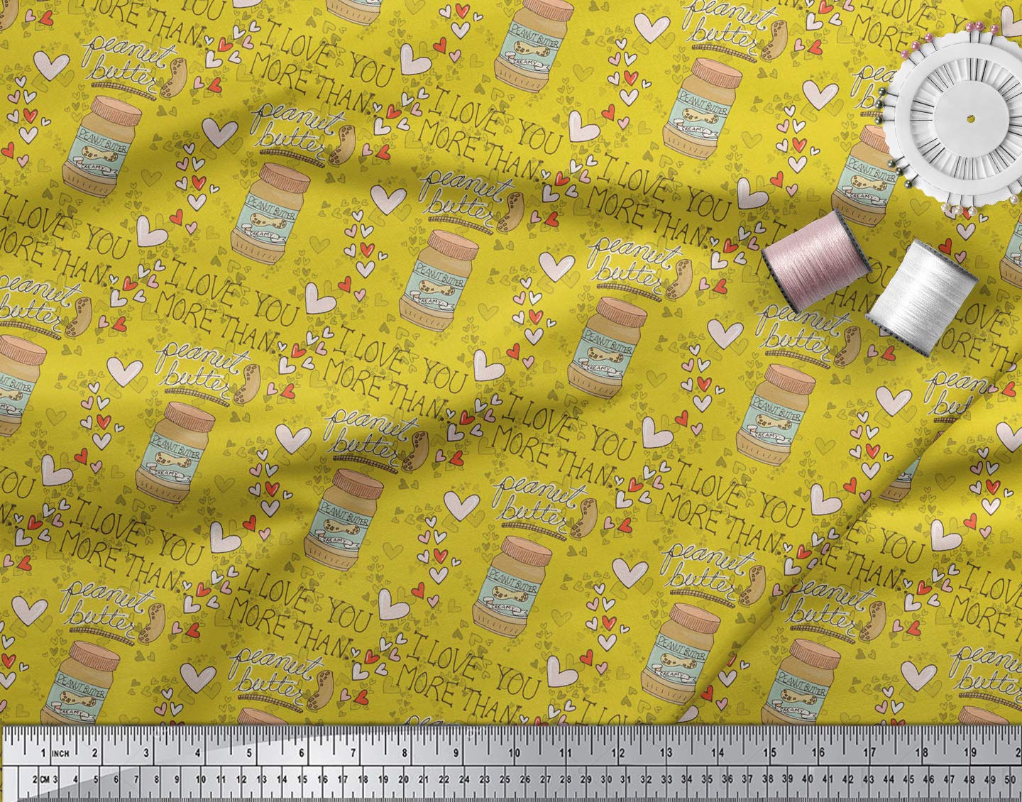 Soimoi 100% Cotton Voile Fabric - Yellow Text & Peanut Butter Print - 56