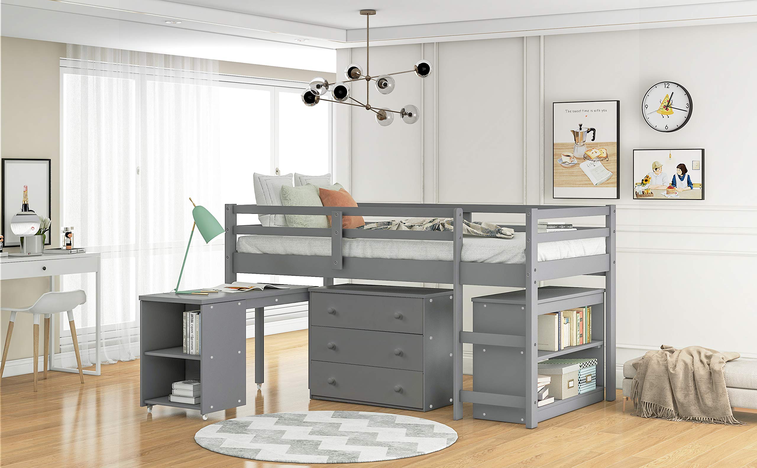 Kids Loft Bed with Rolling Desk, Storage Shelf, Guard Rail & Drawers - Twin Size Space-Saving Bed for Small Bedroom, Dorm or Kids Room