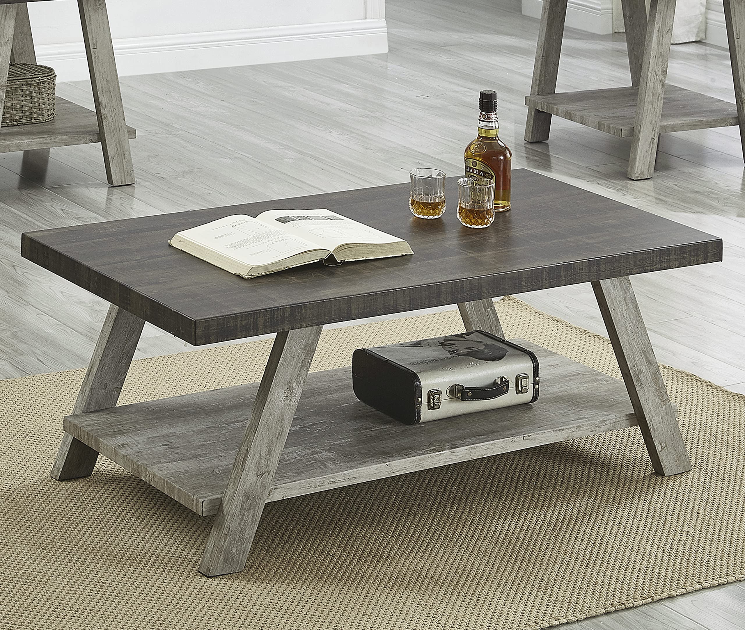 Roundhill Furniture Athens Contemporary 3-Piece Wood Shelf Coffee Table Set in Weathered Walnut & Gray - Modern Living Room Decor for Small Spaces, Apartments & Home Office