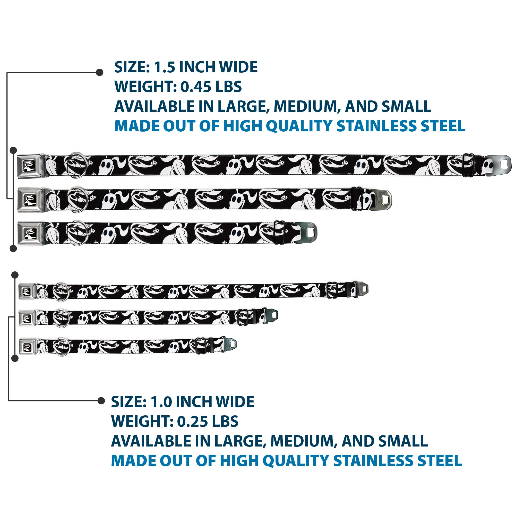 Nightmare Before Christmas Dog Collar - Zero Expressions Black & White Pet Safety Seatbelt Buckle, Adjustable 15-26 Inches, 1-Inch Wide for Small to Medium Dogs - Perfect for Car Travel & Halloween Costumes