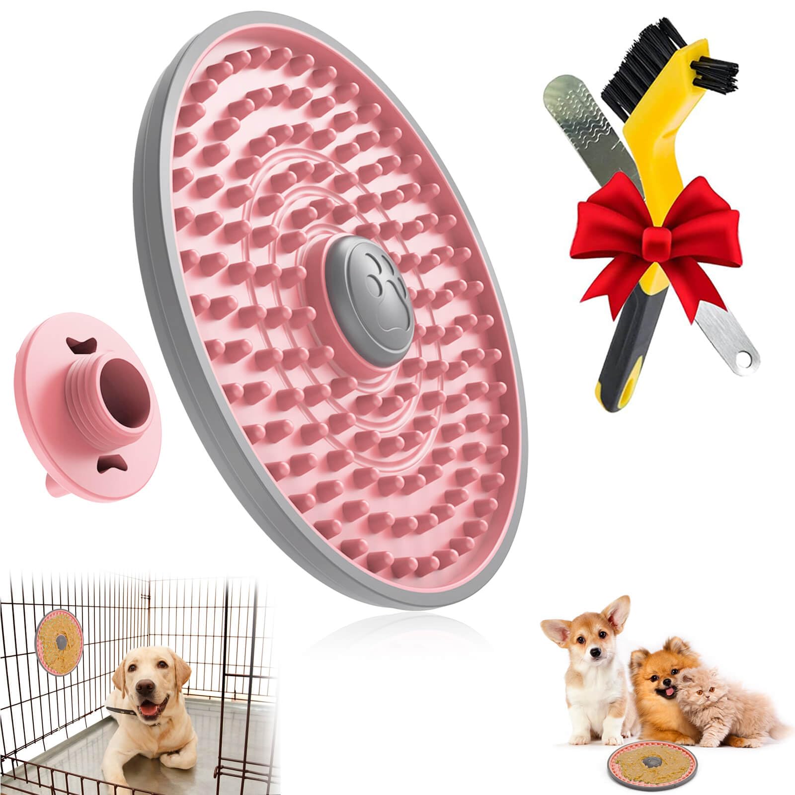 Pink Dog Lick Mat for Crate Training & Anxiety Relief - Natural Rubber Slow Feeder for Dogs - Promotes Healthy Eating & Dental Hygiene - Perfect for Grooming, Travel & Stress Relief