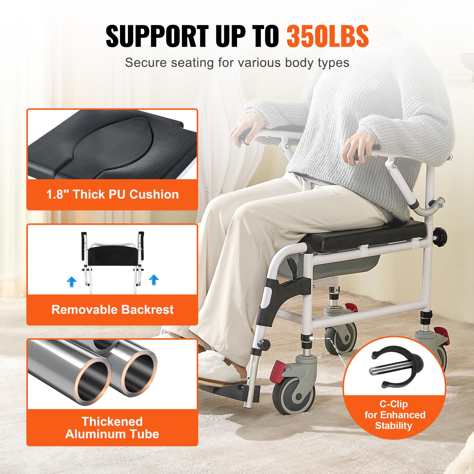 VEVOR Shower Commode Wheelchair with 4 Lockable Wheels & Adjustable Height - 350 LBS Capacity Commode Chair for Adults & Seniors - Ideal for Bathroom Safety, Elderly Care, and Post-Surgery Mobility Assistance