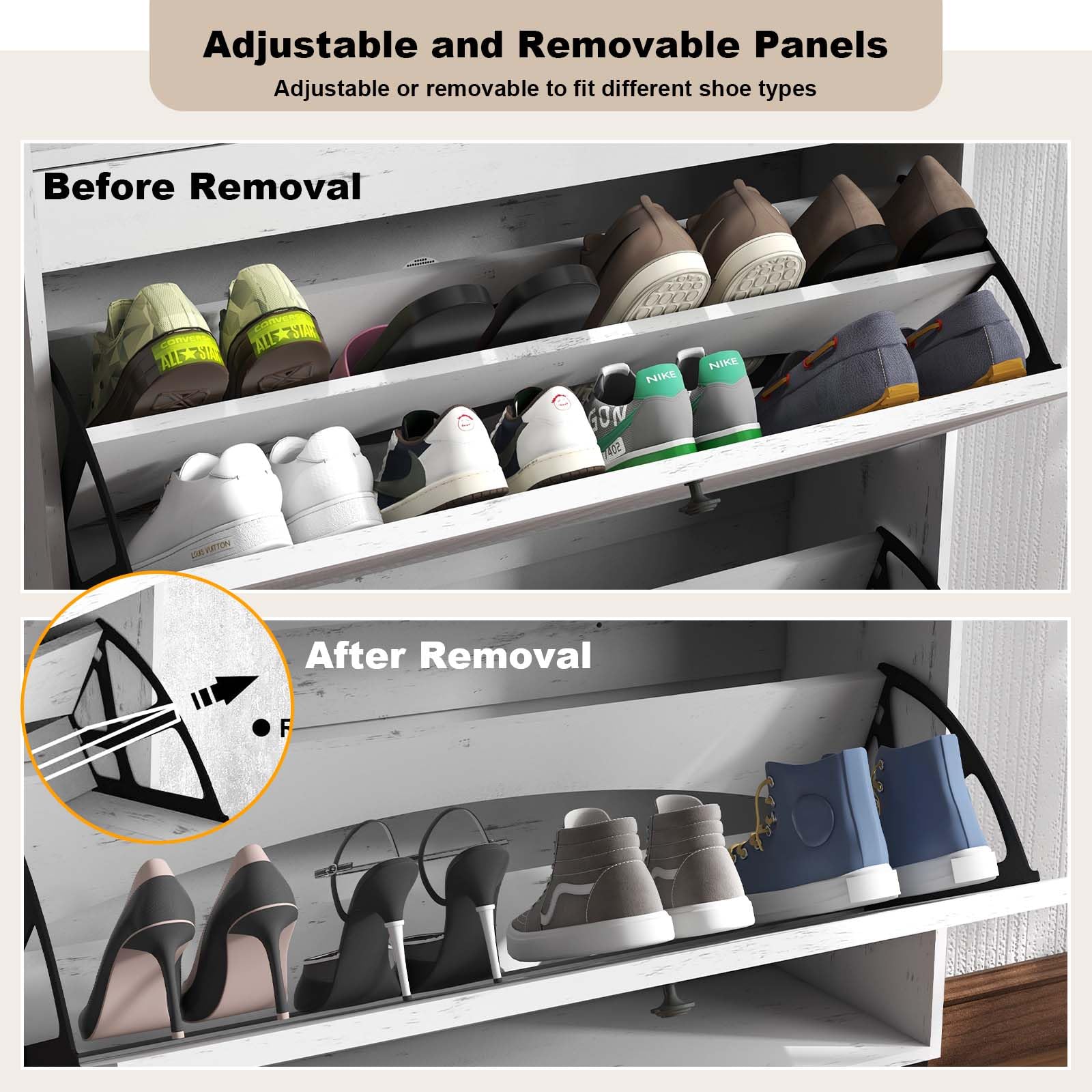 White Rattan Shoe Storage Cabinet with 2 Flip Drawers & Metal Legs - Narrow Entryway Shoe Rack Organizer for Hallway, Closet & Bedroom Organization