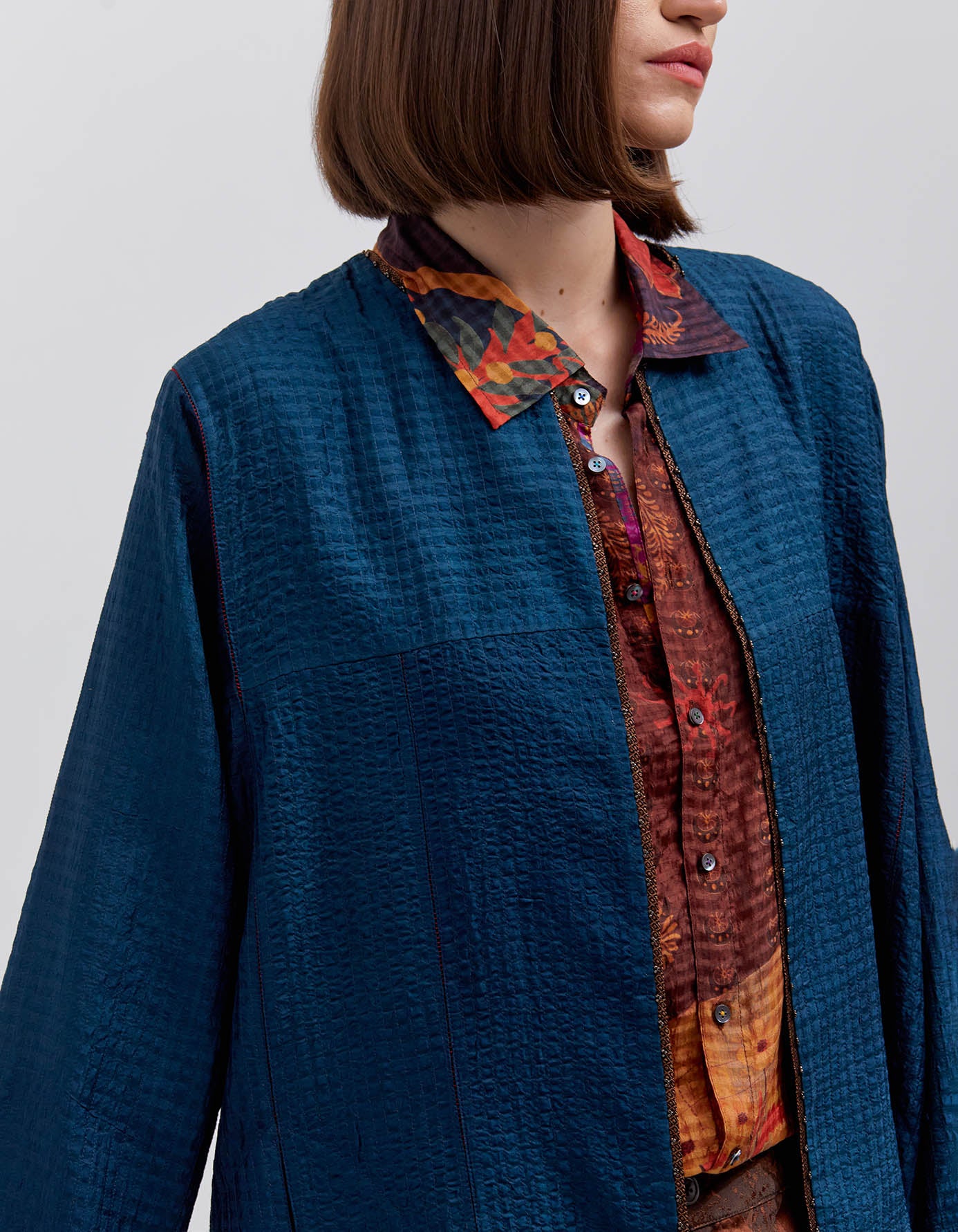Quilted Silk Check Teal Jacket for Women - Lightweight & Stylish Outerwear for Fall & Winter Fashion