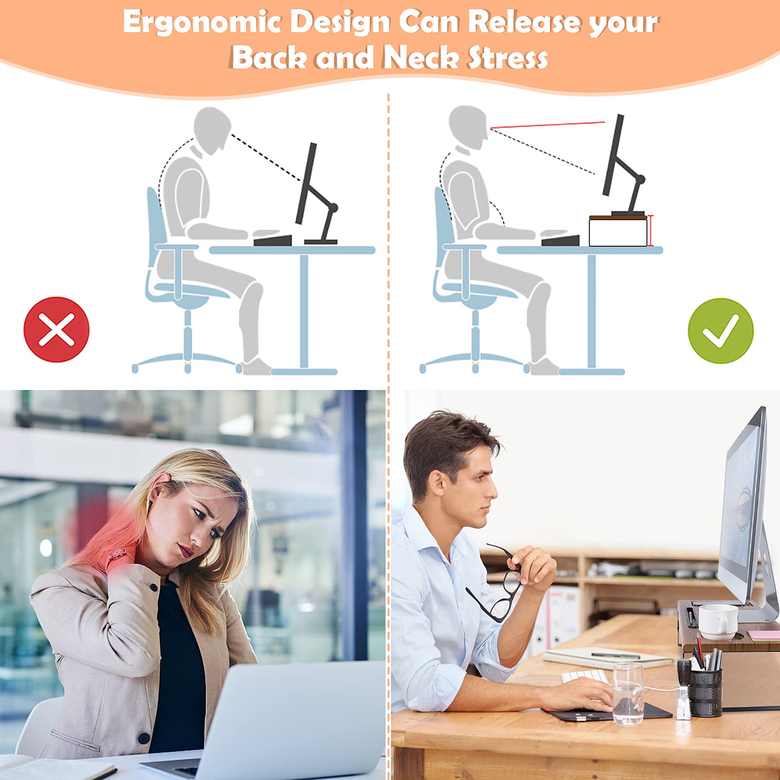 Premium Adjustable Monitor Stand Riser - Ergonomic Metal & Wood Desktop Organizer with Phone/Tablet Holder - Supports Heavy Monitors, Laptops & Printers - Perfect for Home Office & Workspace Organization (Wood Finish)