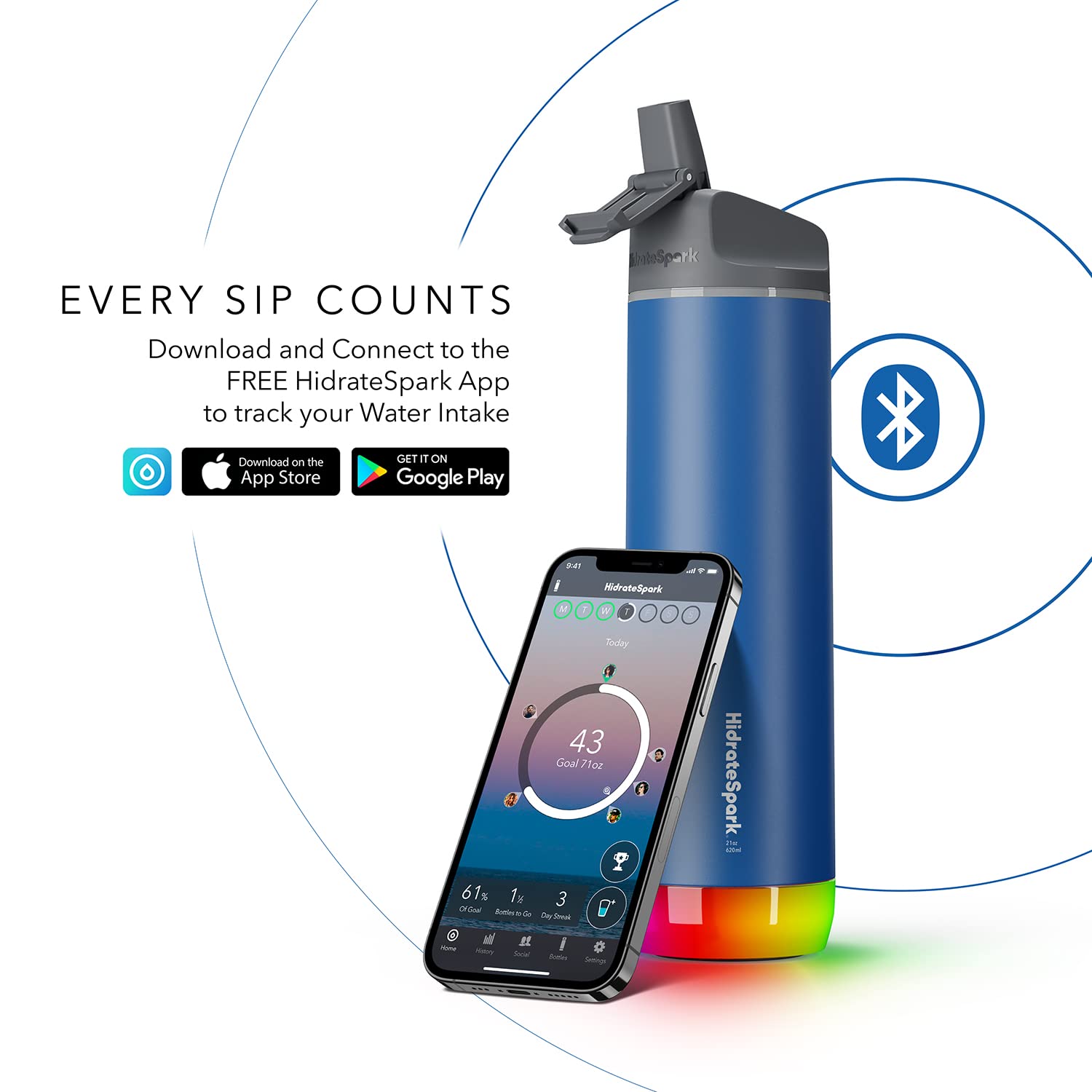 HidrateSpark Steel Smart Water Bottle with Straw - 21oz Deep Blue, Tracks Water Intake & Glows for Hydration Reminders - Perfect for Gym, Office, Hiking & Daily Hydration Tracking