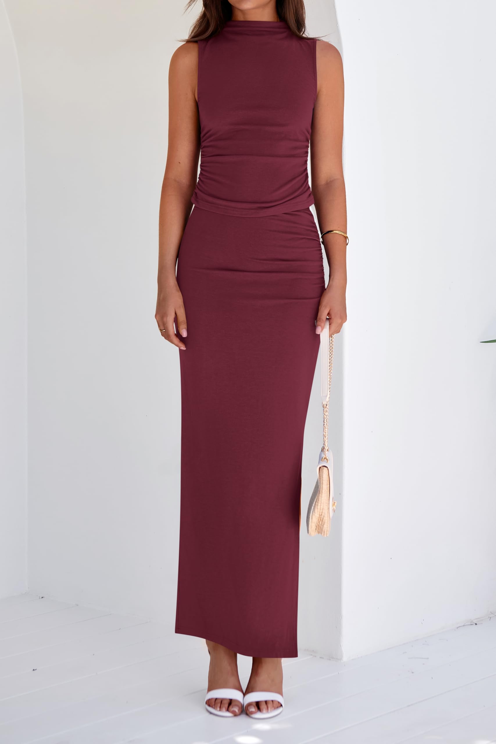BTFBM Women's Summer Two Piece Outfit - Lightweight Mock Neck Sleeveless Knit Top with Maxi Skirt Set | Casual Going Out Dress for Beach, Vacation & Date Night