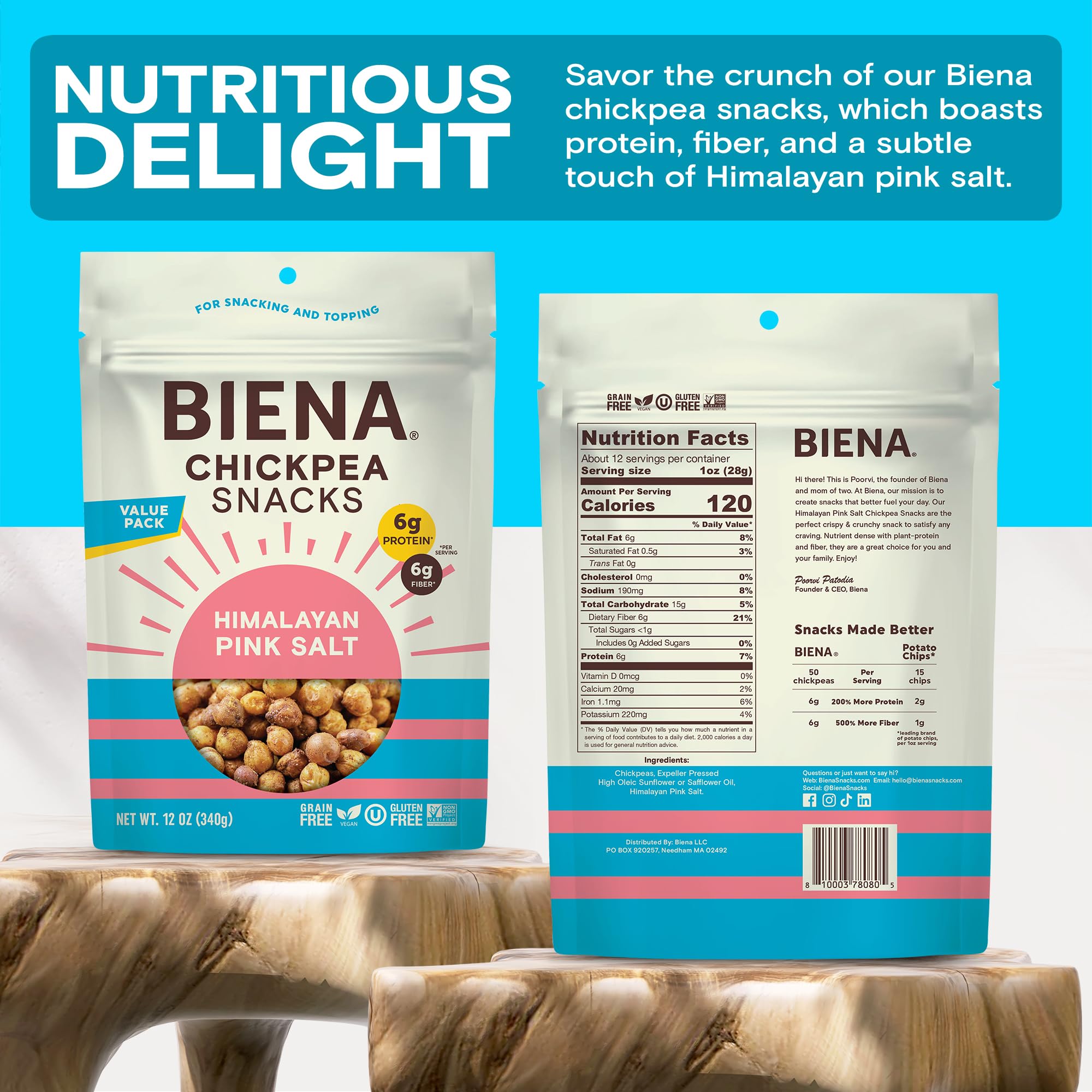 BIENA Crunchy Roasted Chickpea Snacks - High Fiber Vegan Protein Snacks for Adults & Kids - Himalayan Pink Salt - Healthy On-the-Go Snack for Work, School & Travel