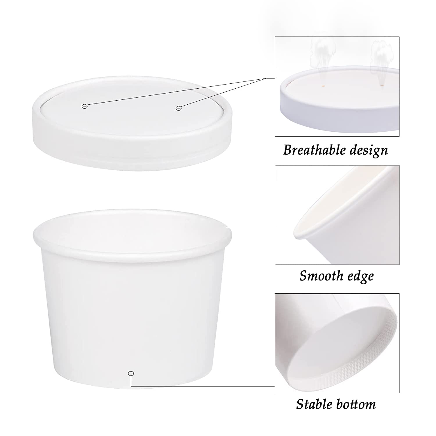 50-Pack 12 oz Disposable White Ice Cream Cups with Lids - Medium Hot & Cold Paper Food Containers for Takeout, Desserts, Parties, and Catering